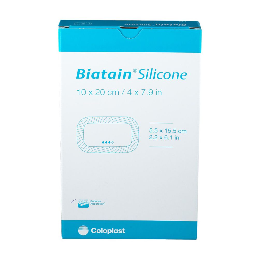 Biatain Silicone Verband, 10 x 20 cm. Zeigt eine Skizze des Verbandes mit den Maßen 5,5 x 15,5 cm.