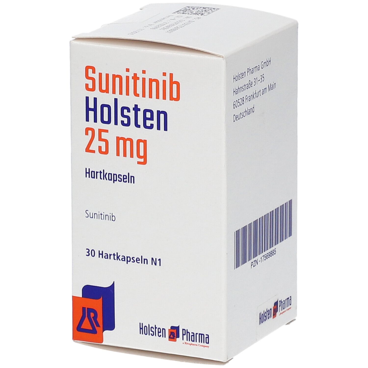 Sunitinib Holsten 25 mg Hartkapseln-Packung. Weiße Schachtel mit blauer und roter Schrift. Enthält 30 Hartkapseln. Holsten Pharma Logo.
