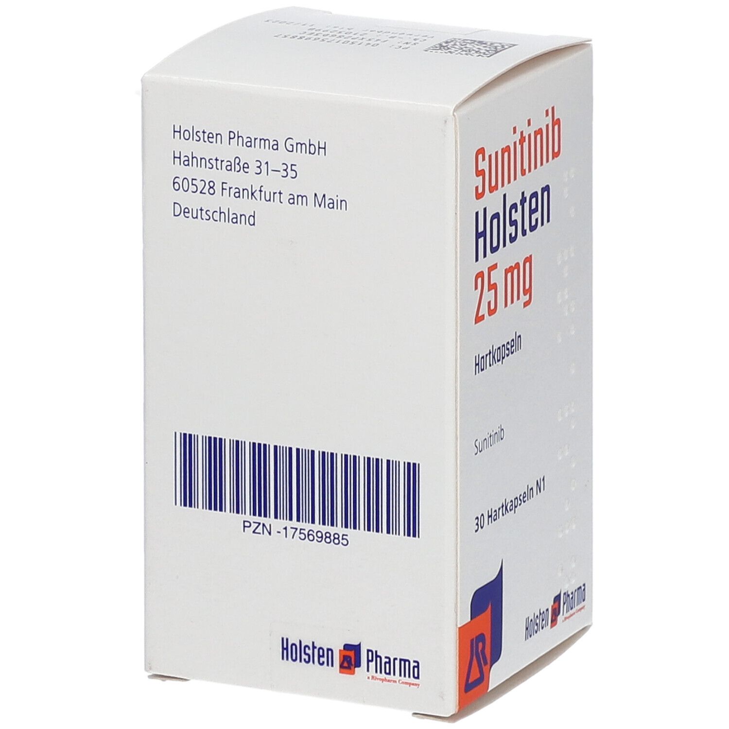 Sunitinib Holsten 25 mg Packung. Weiße Schachtel mit blauer und roter Schrift. Enthält 30 Hartkapseln. Holsten Pharma Logo.