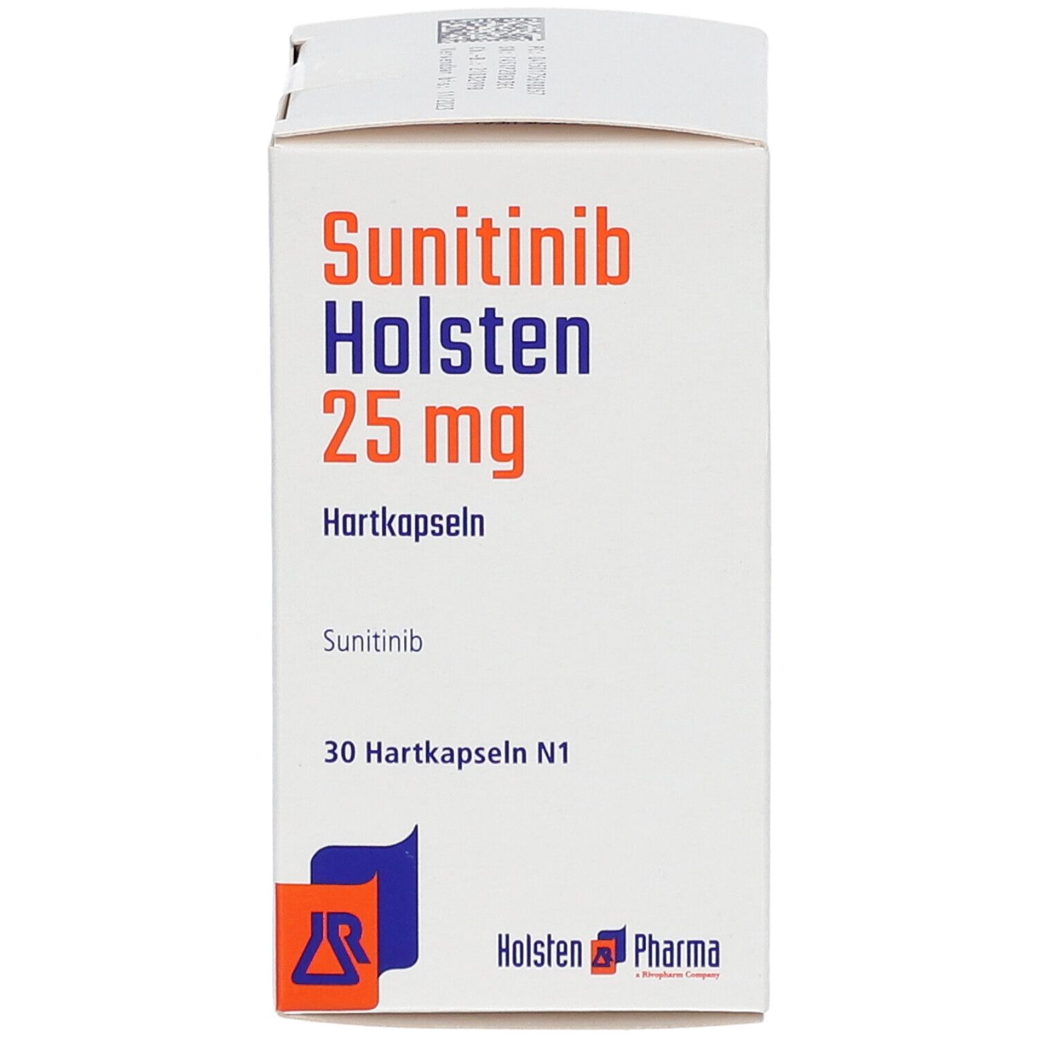 Sunitinib Holsten 25 mg Packung. Weiße Schachtel mit blauer und roter Schrift. Enthält 30 Hartkapseln. Holsten Pharma Logo.