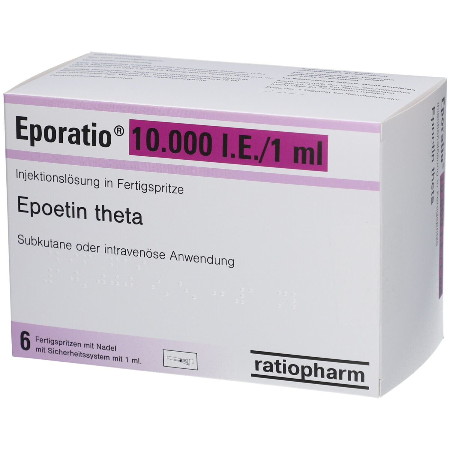 Karton mit EPORATIO 10.000 I.E./1 ml. Enthält 6 Fertigspritzen. Aufschrift: Epoetin theta, Injektionslösung.