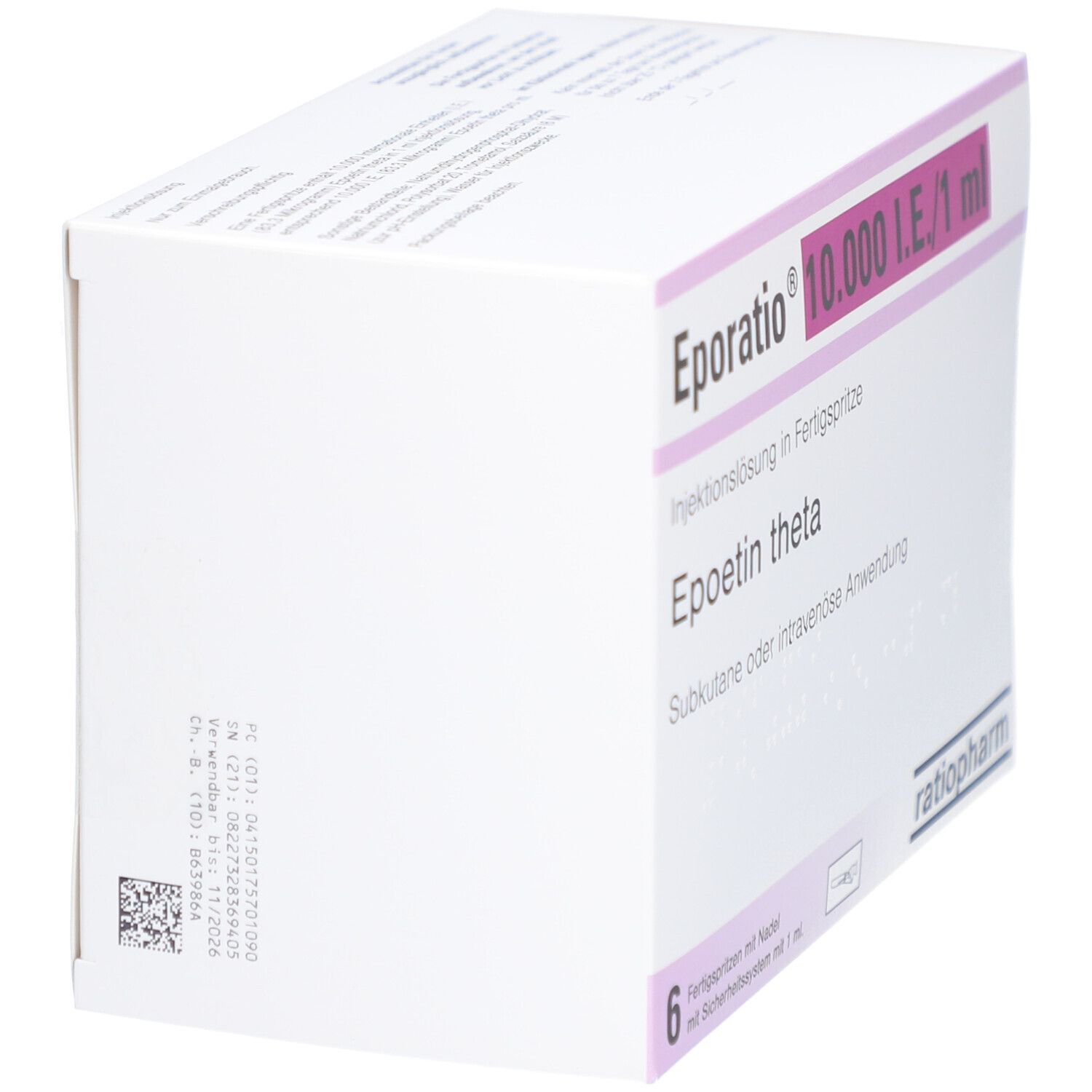 Karton von EPORATIO 10.000 I.E./1 ml. Aufschrift: Epoetin theta, Injektionslösung in Fertigspritze. ratiopharm Logo.