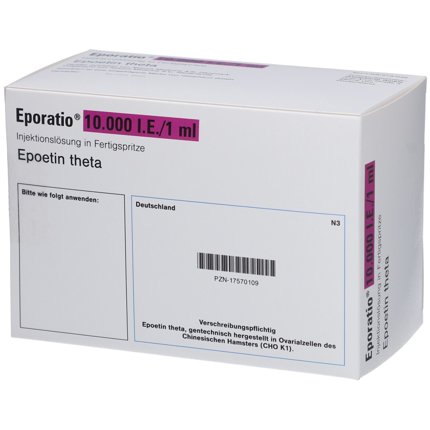 Karton von EPORATIO 10.000 I.E./1 ml. Aufschrift: Epoetin theta, Injektionslösung in Fertigspritze. Barcode und Text.