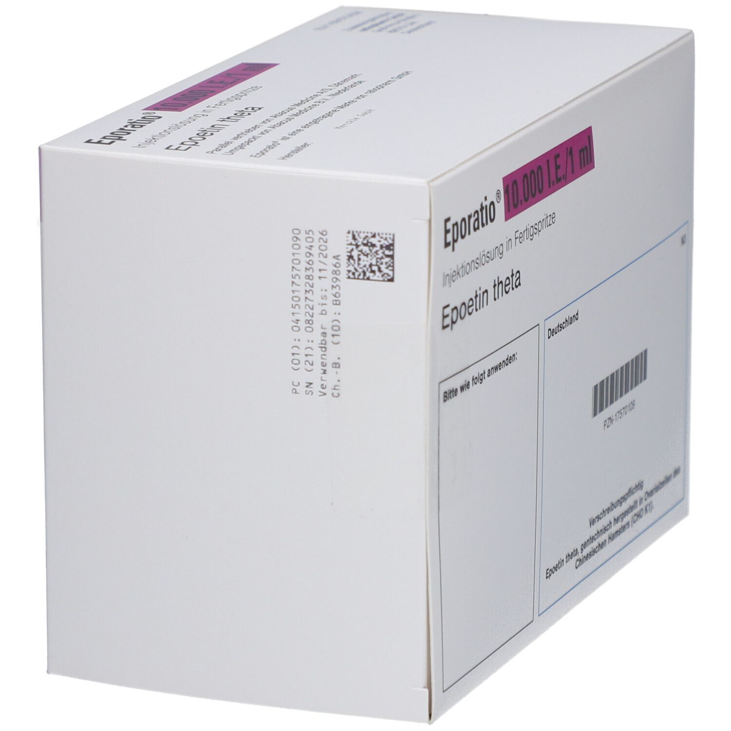 Karton von EPORATIO 10.000 I.E./1 ml. Aufschrift: Epoetin theta, Injektionslösung in Fertigspritze. Barcode und Text.