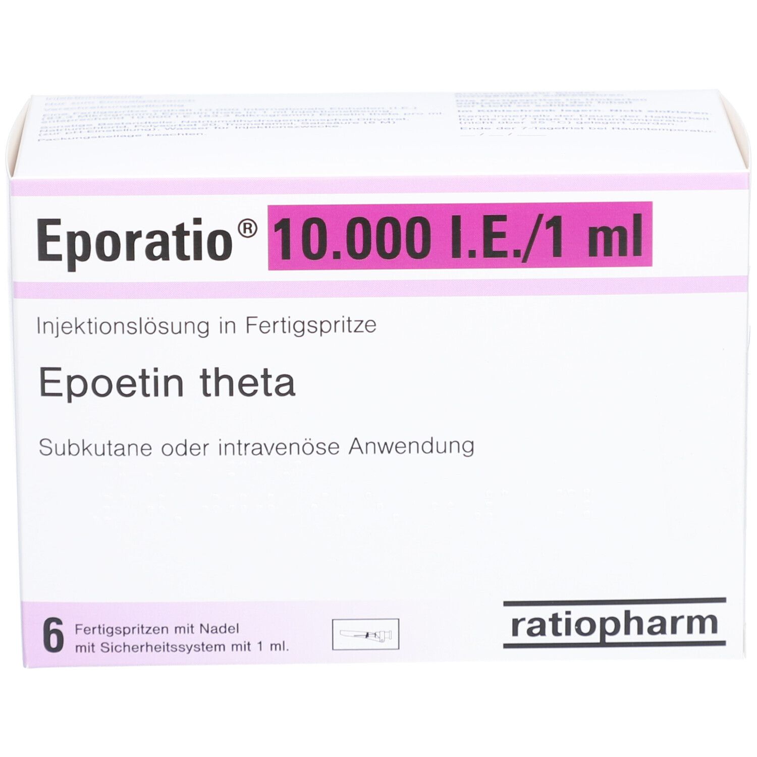 Karton mit EPORATIO 10.000 I.E./1 ml. Enthält 6 Fertigspritzen. Aufschrift: Epoetin theta, Injektionslösung.