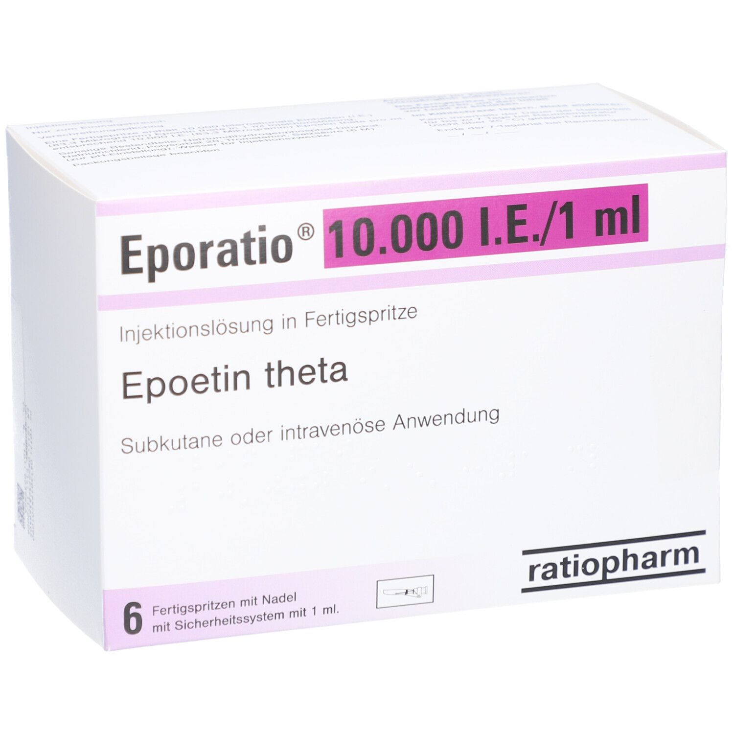 Karton mit EPORATIO 10.000 I.E./1 ml. Enthält 6 Fertigspritzen. Aufschrift: Epoetin theta, Injektionslösung.