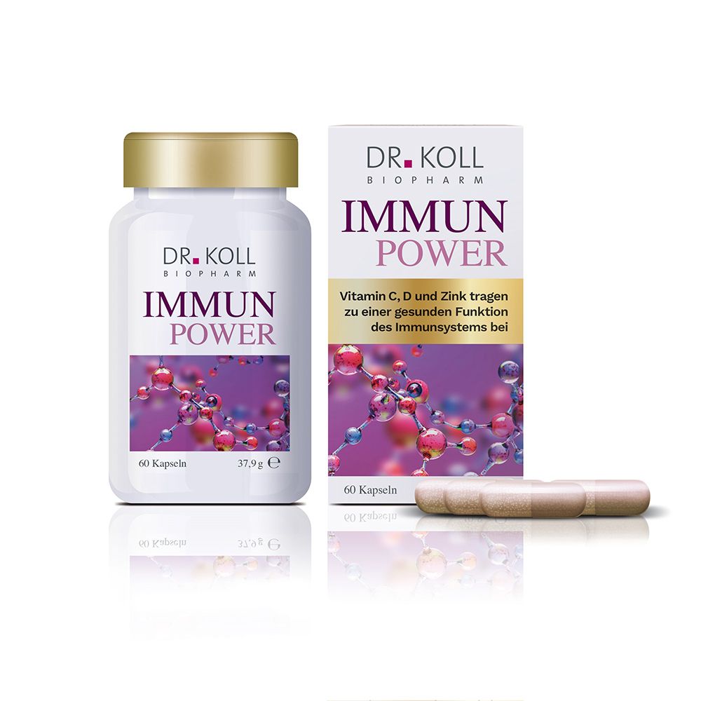 DR. KOLL IMMUN POWER Kapseldose und Faltschachtel mit Molekülmotiv.