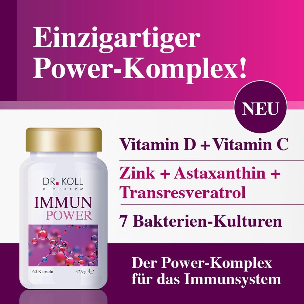 DR. KOLL IMMUN POWER Dose mit Liste der Inhaltsstoffe: Vitamin D, C, Zink, Astaxanthin.