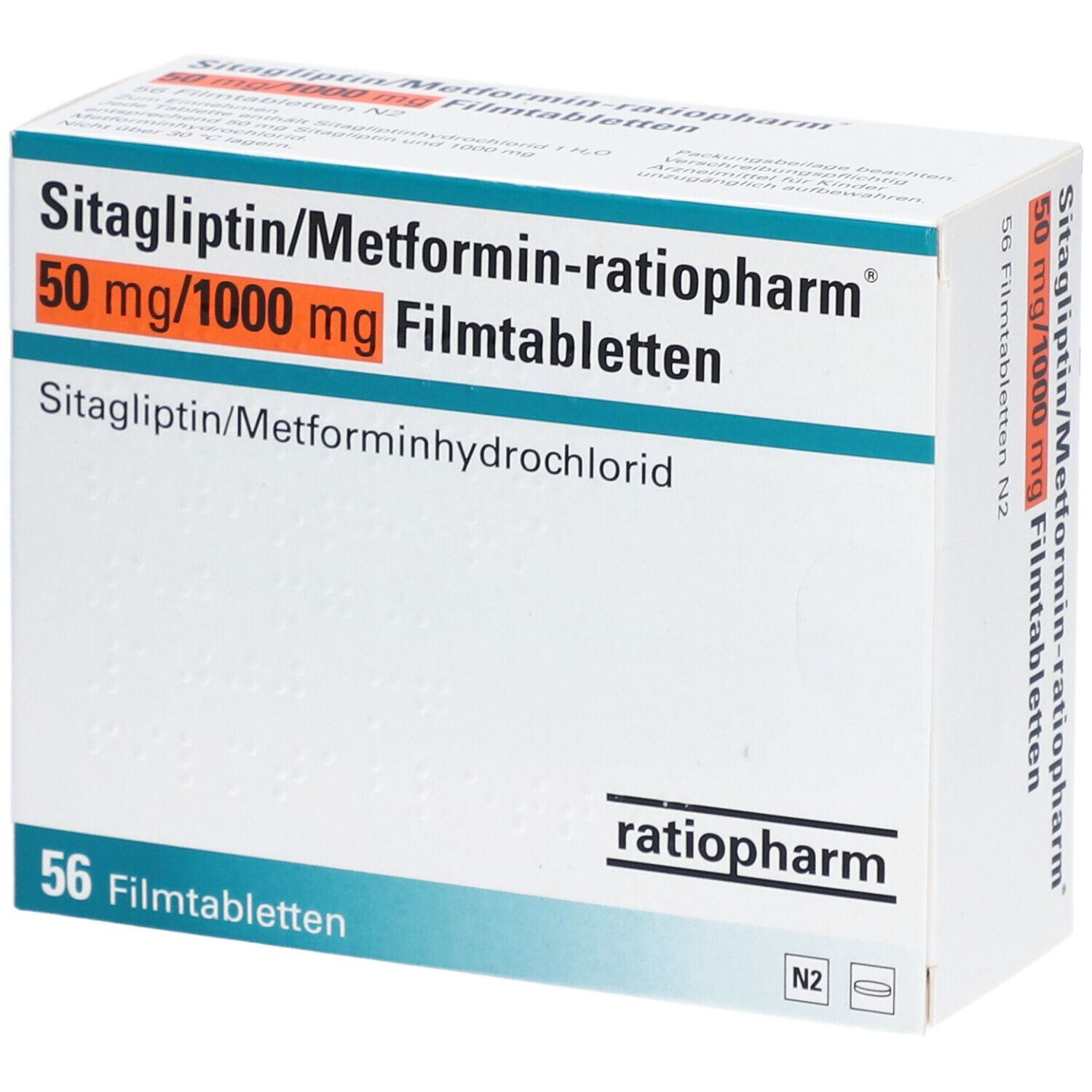 Schachtel mit Sitagliptin/Metformin-ratiopharm 50mg/1000mg Filmtabletten. Aufschrift: 56 Filmtabletten. Marke ratiopharm.