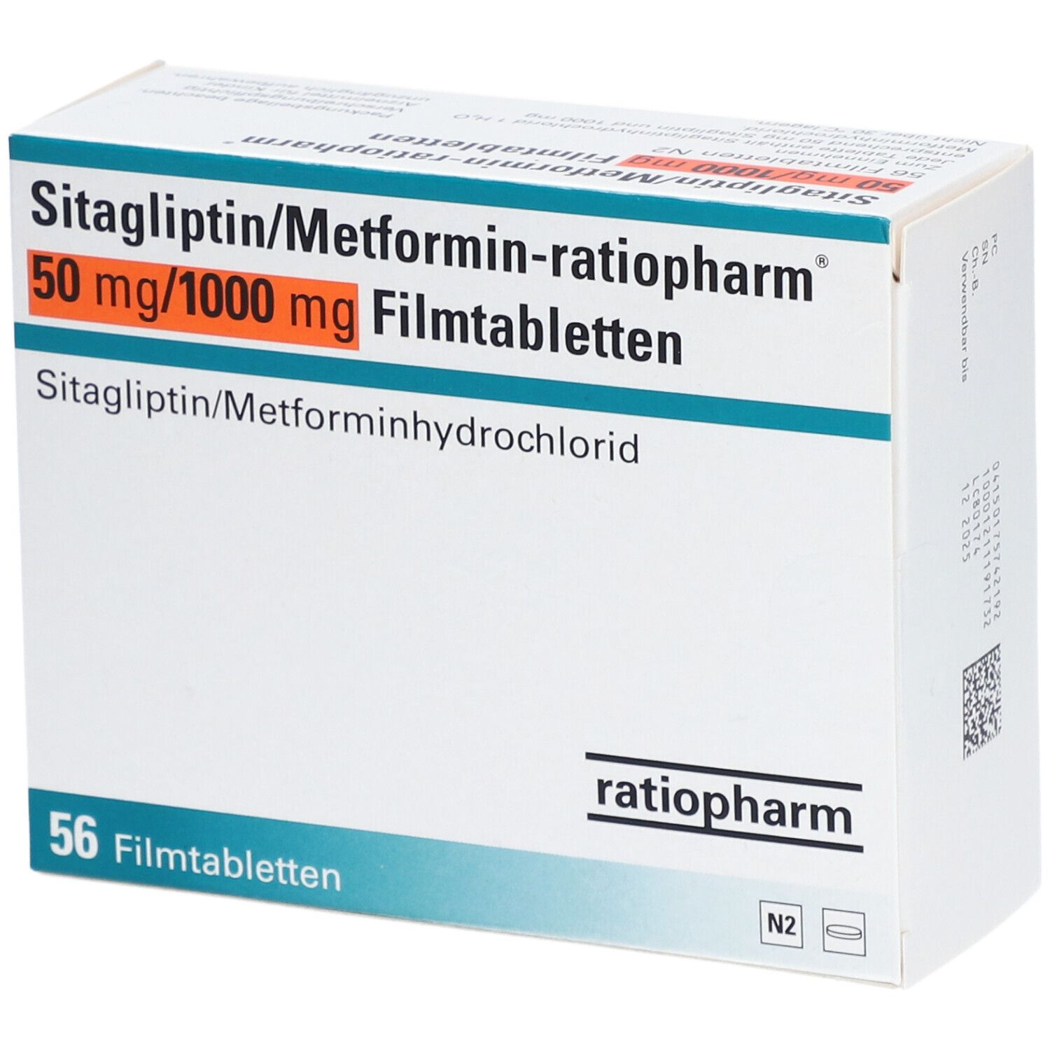 Schachtel mit Sitagliptin/Metformin-ratiopharm 50mg/1000mg Filmtabletten. Aufschrift: 56 Filmtabletten. Marke ratiopharm.