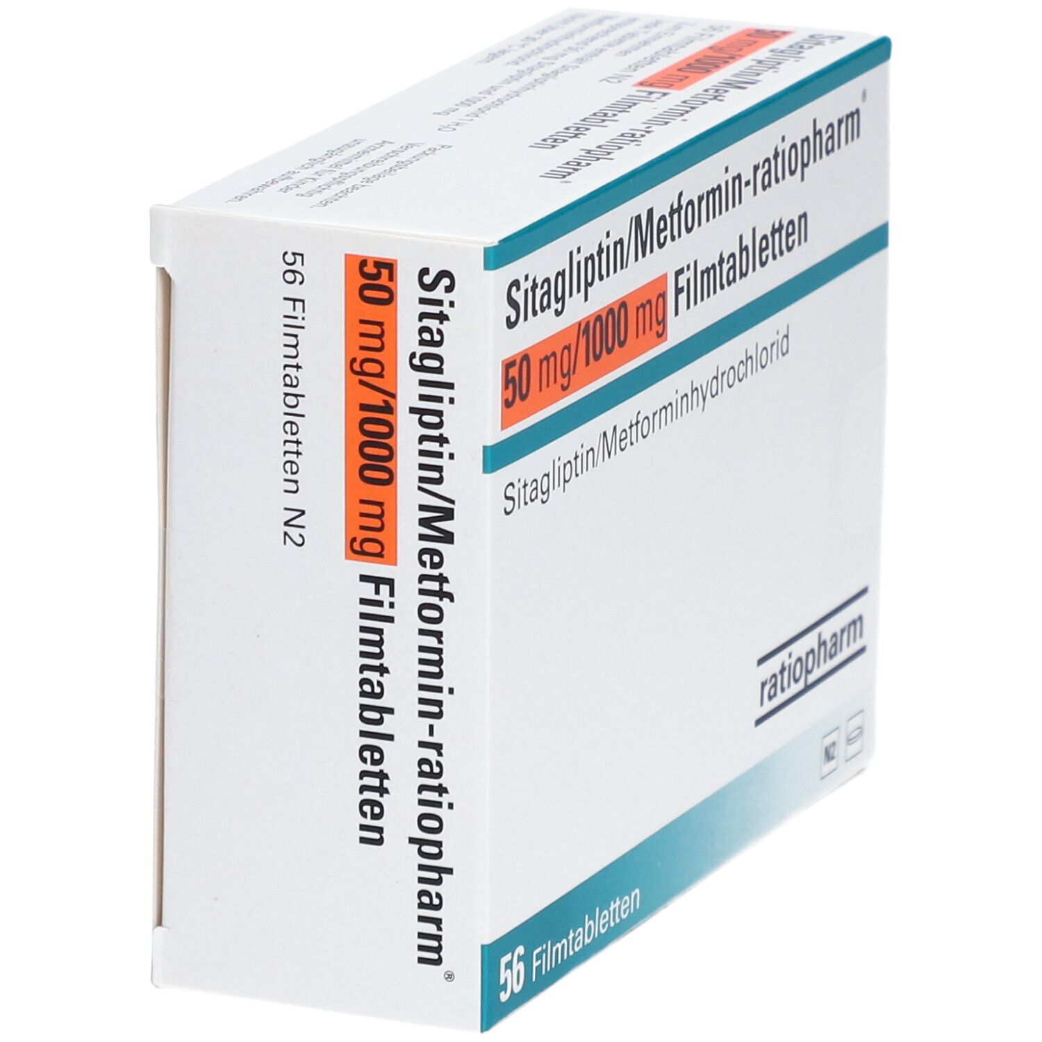 Schachtel mit Sitagliptin/Metformin-ratiopharm 50mg/1000mg Filmtabletten. Aufschrift: 56 Filmtabletten. Marke ratiopharm. Ansicht schräg.