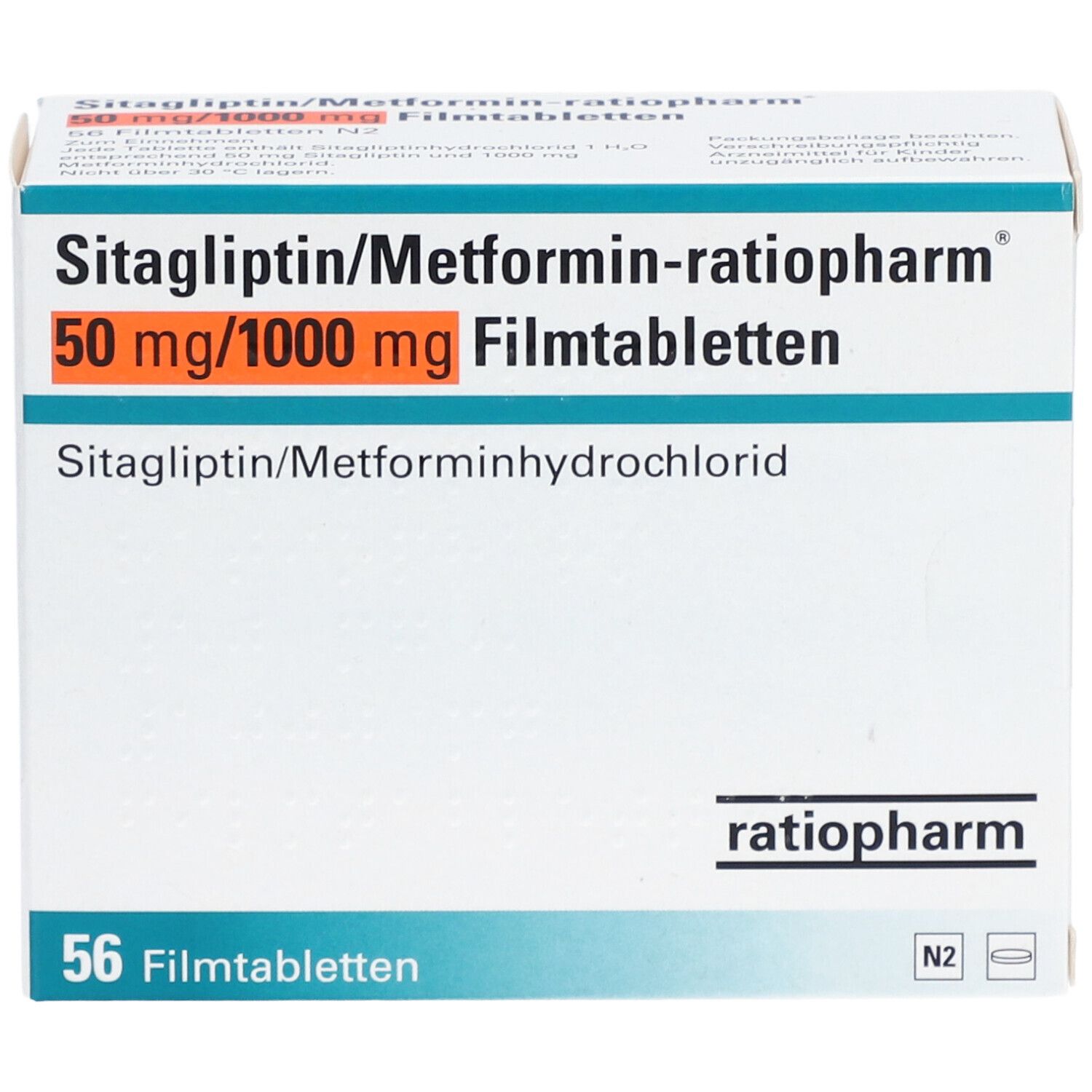Schachtel mit Sitagliptin/Metformin-ratiopharm 50mg/1000mg Filmtabletten. Aufschrift: 56 Filmtabletten. Marke ratiopharm.