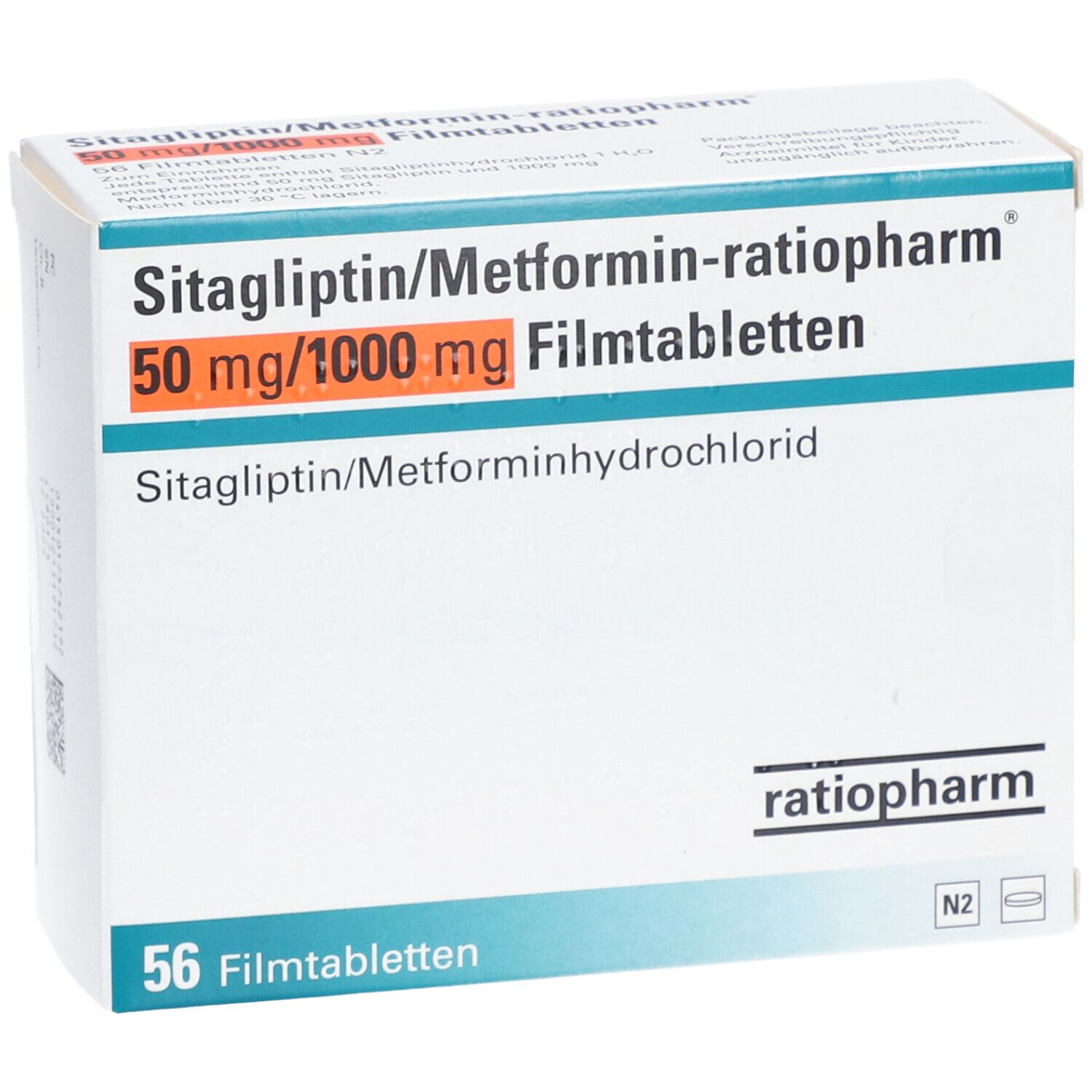 Schachtel mit Sitagliptin/Metformin-ratiopharm 50mg/1000mg Filmtabletten. Aufschrift: 56 Filmtabletten. Marke ratiopharm.