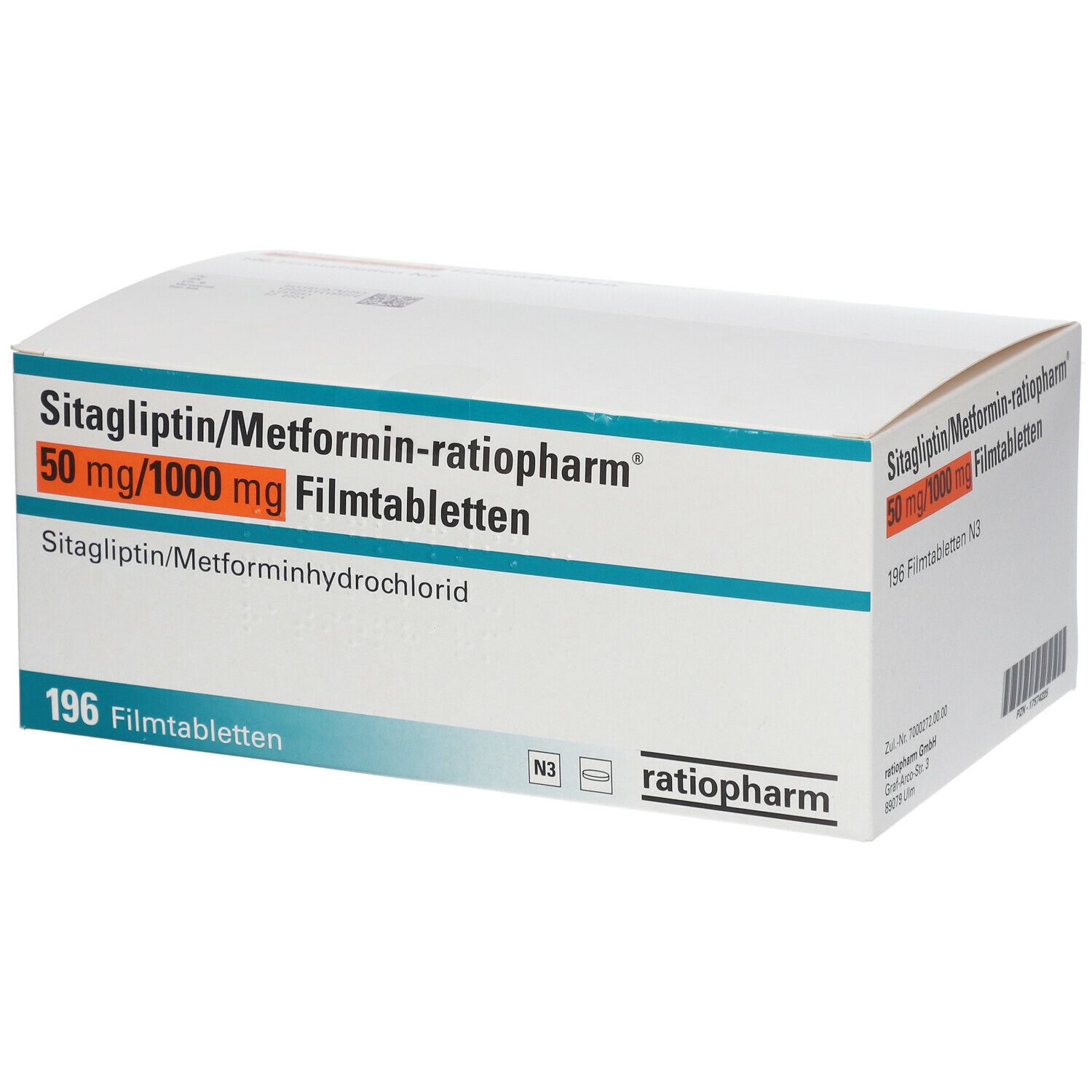 Schachtel mit Medikamenten. Aufschrift: Sitagliptin/Metformin-ratiopharm® 50 mg/1000 mg Filmtabletten. 196 Tabletten.