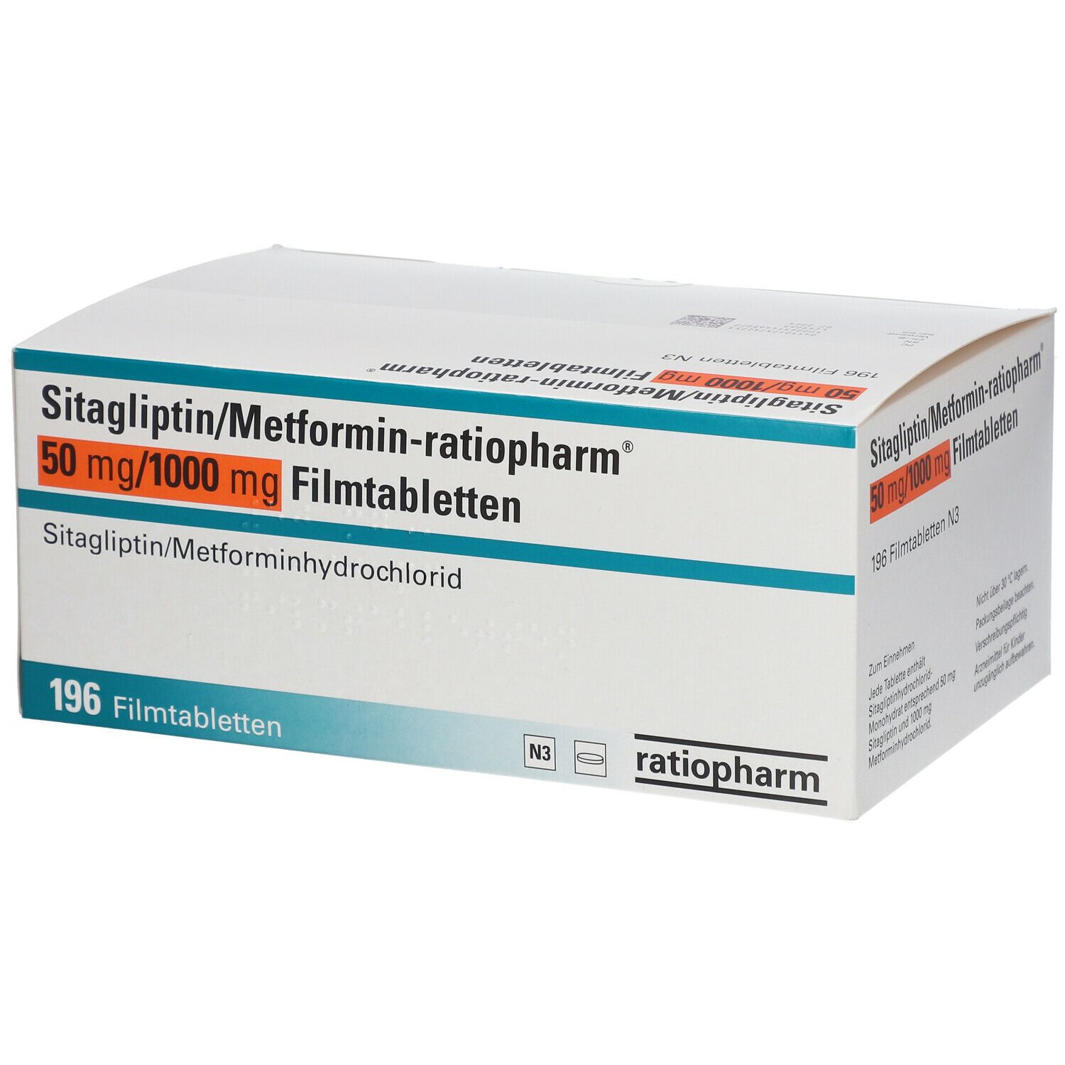 Medikamentenverpackung. Aufschrift: Sitagliptin/Metformin-ratiopharm® 50 mg/1000 mg Filmtabletten. 196 Tabletten. ratiopharm.