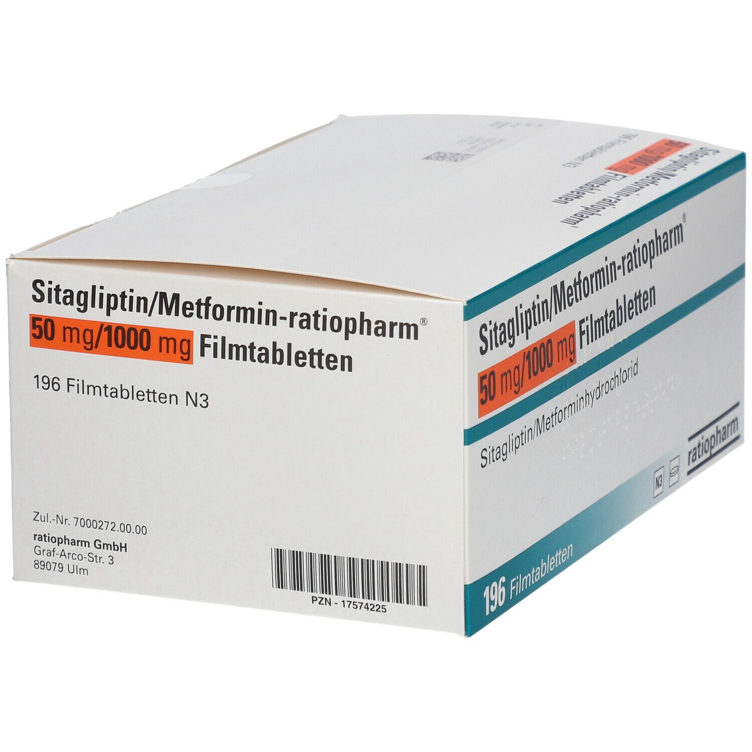Medikamentenverpackung. Aufschrift: Sitagliptin/Metformin-ratiopharm® 50 mg/1000 mg Filmtabletten. 196 Tabletten. ratiopharm.