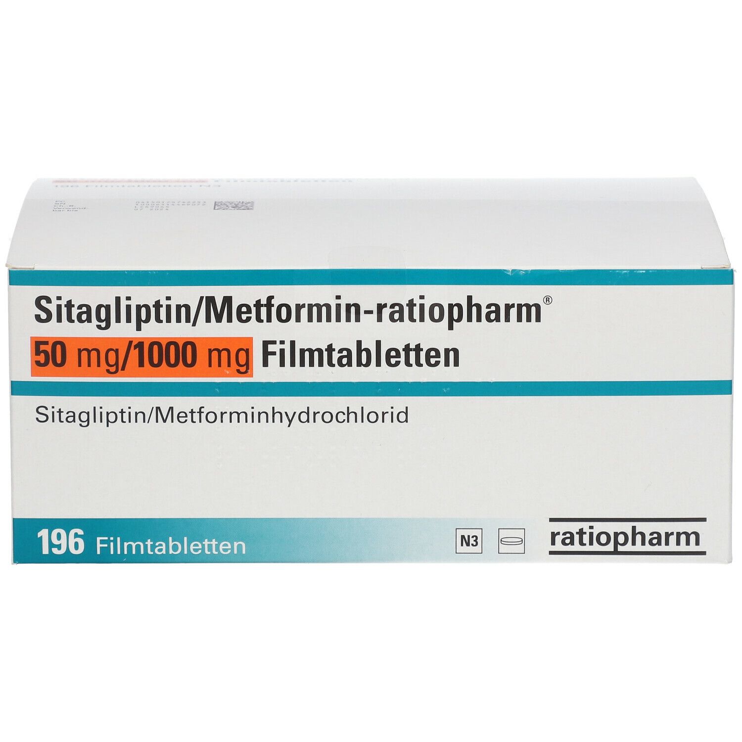 Medikamentenverpackung. Aufschrift: Sitagliptin/Metformin-ratiopharm® 50 mg/1000 mg Filmtabletten. 196 Tabletten. ratiopharm.