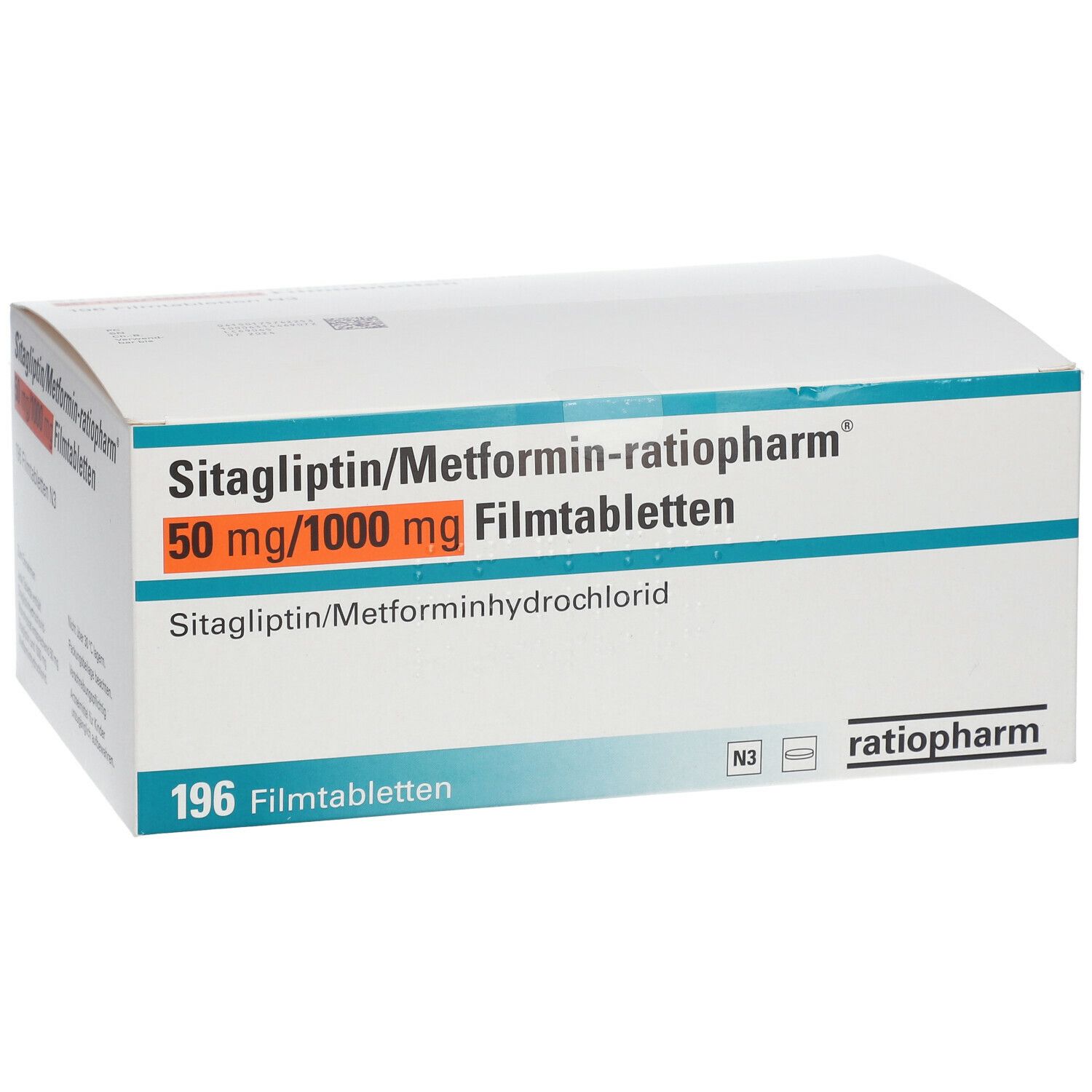 Medikamentenverpackung. Aufschrift: Sitagliptin/Metformin-ratiopharm® 50 mg/1000 mg Filmtabletten. 196 Tabletten. ratiopharm.