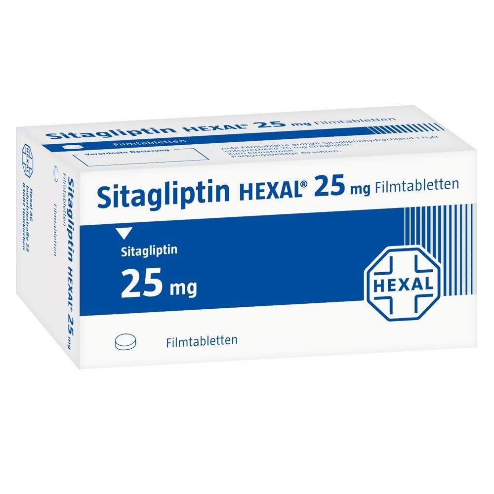 SITAGLIPTIN HEXAL 25 mg Filmtabletten-Packung. Weißer Karton mit blauer Schrift und HEXAL-Logo.