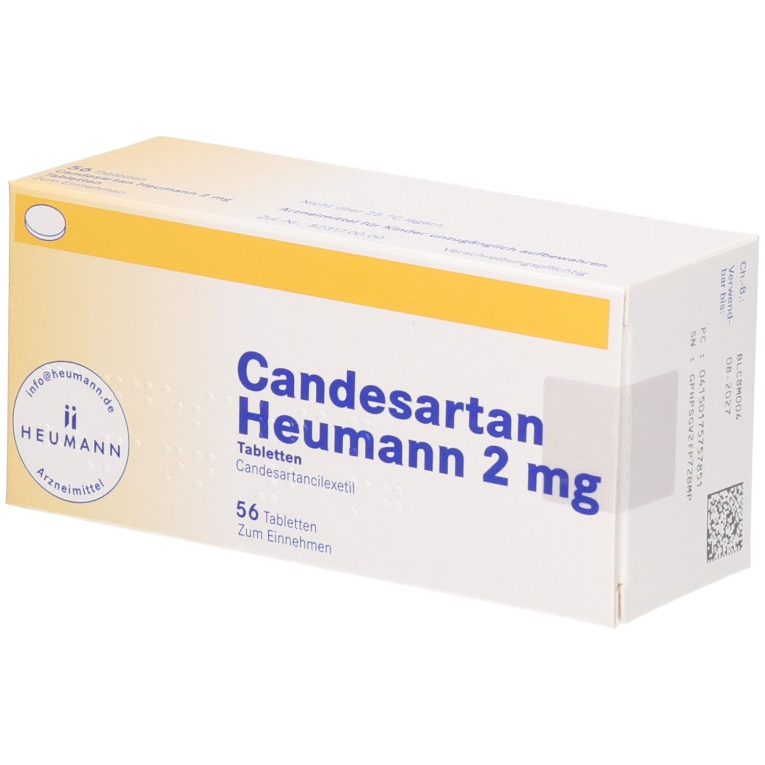 Candesartan Heumann 2 mg Tabletten-Packung. 56 Tabletten. Gelb-weiße Schachtel mit Produktinformationen und Logo.