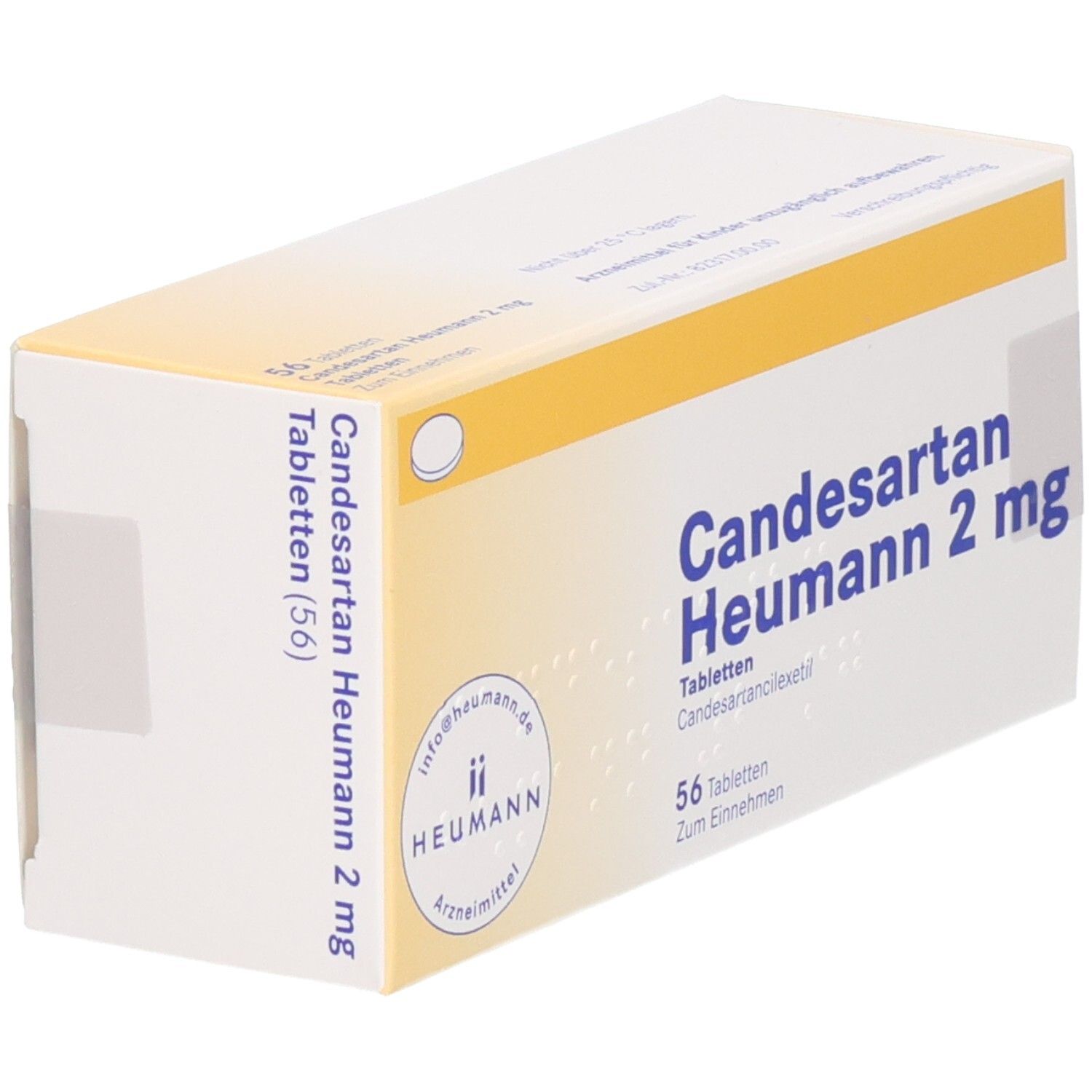 Candesartan Heumann 2 mg Tabletten-Packung. 56 Tabletten. Schachtel mit Produktinformationen und Logo, schräg.