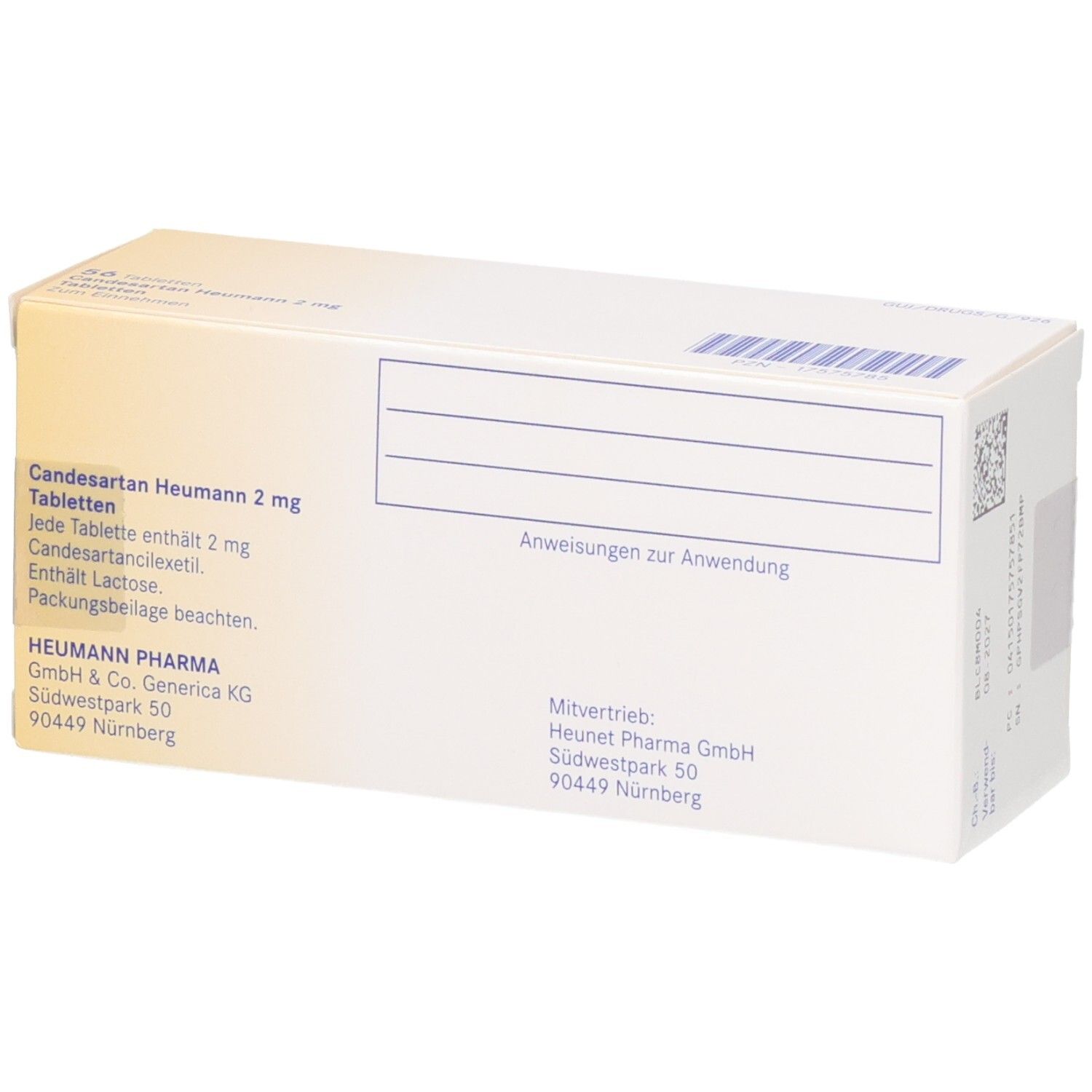 Rückseite der Candesartan Heumann 2 mg Tabletten-Packung. Informationen, Herstelleradresse und QR-Code.