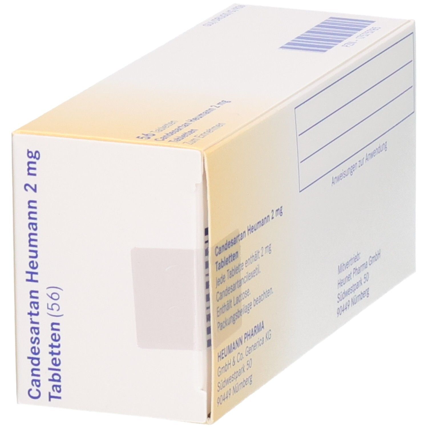 Rückseite der Candesartan Heumann 2 mg Tabletten-Packung. Informationen, Herstelleradresse und QR-Code, schräg.