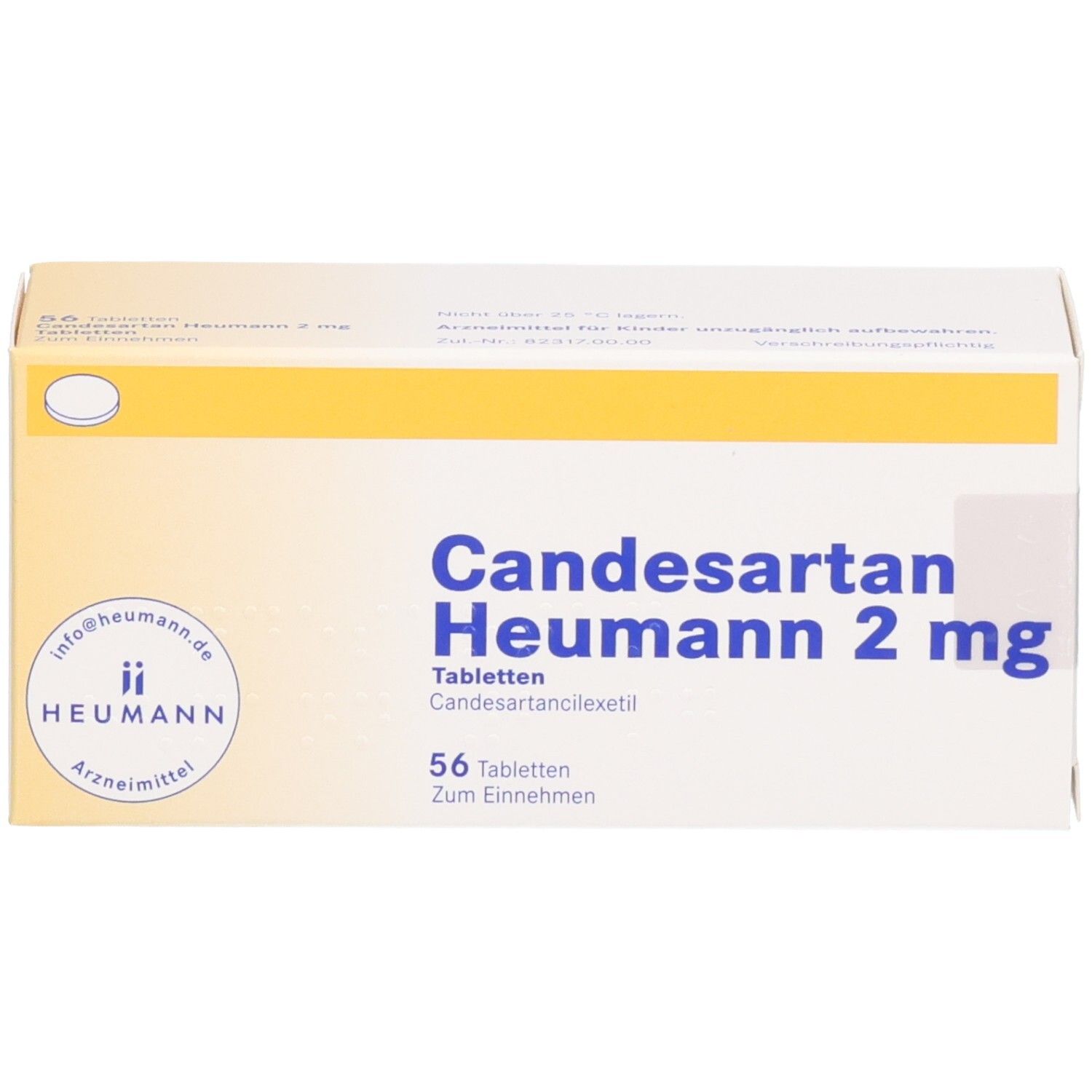 Candesartan Heumann 2 mg Tabletten-Packung. 56 Tabletten. Gelb-weiße Schachtel mit Produktinformationen und Logo.