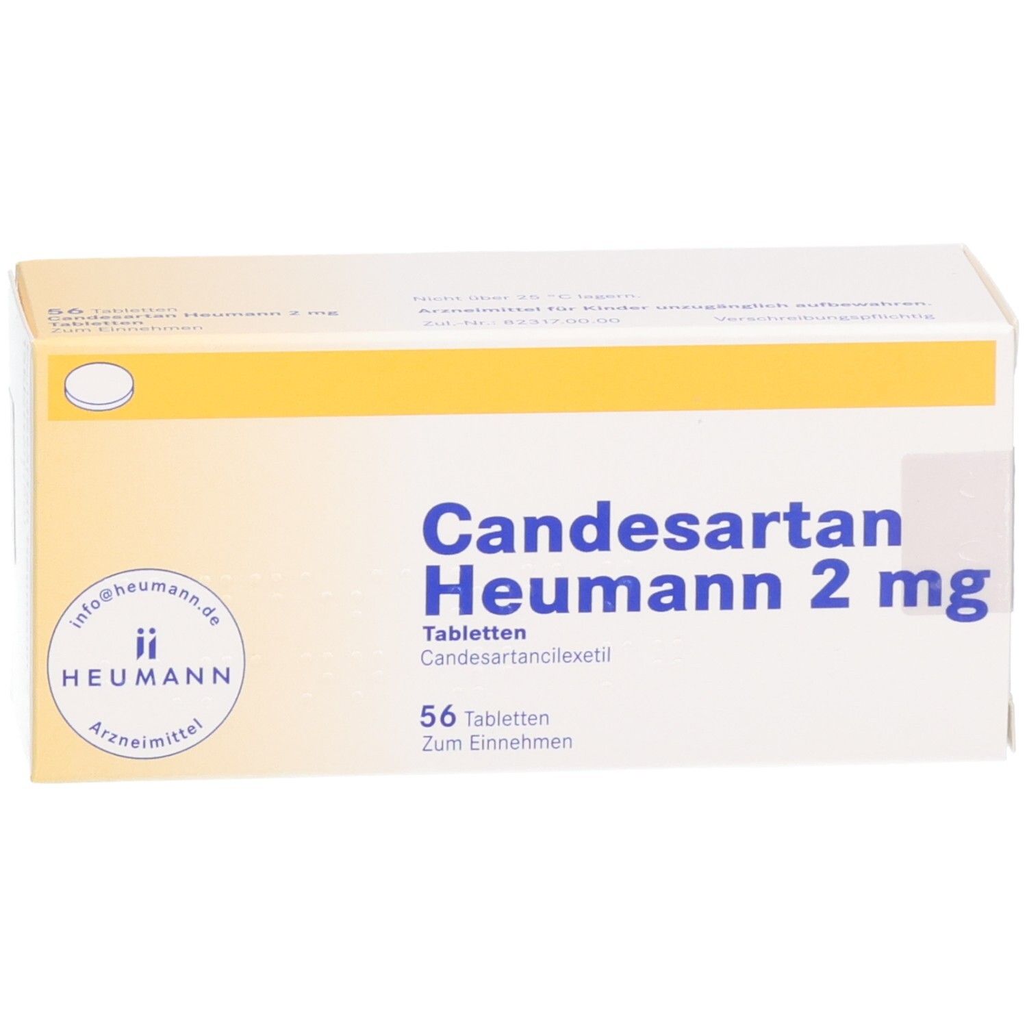 Candesartan Heumann 2 mg Tabletten-Packung. 56 Tabletten. Gelb-weiße Schachtel mit Produktinformationen und Logo.