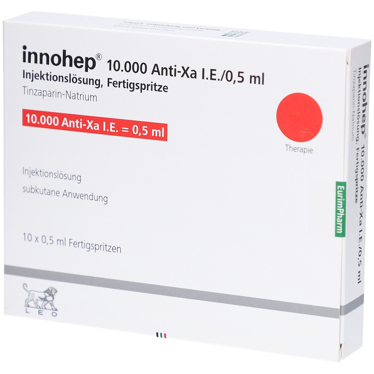 Schachtel mit Innohep 10.000 Anti-Xa I.E./0,5 ml Fertigspritzen. Roter Kreis. Text: 10 x 0,5 ml Fertigspritzen.
