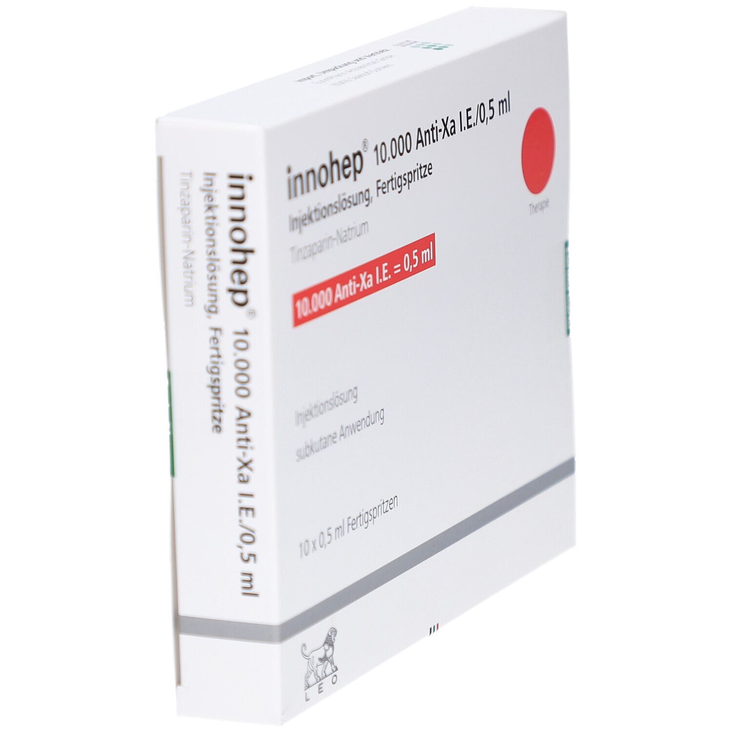 Schachtel Innohep 10.000 Anti-Xa I.E./0,5 ml. Roter Kreis. Text: 10 x 0,5 ml Fertigspritzen. Perspektivische Ansicht.