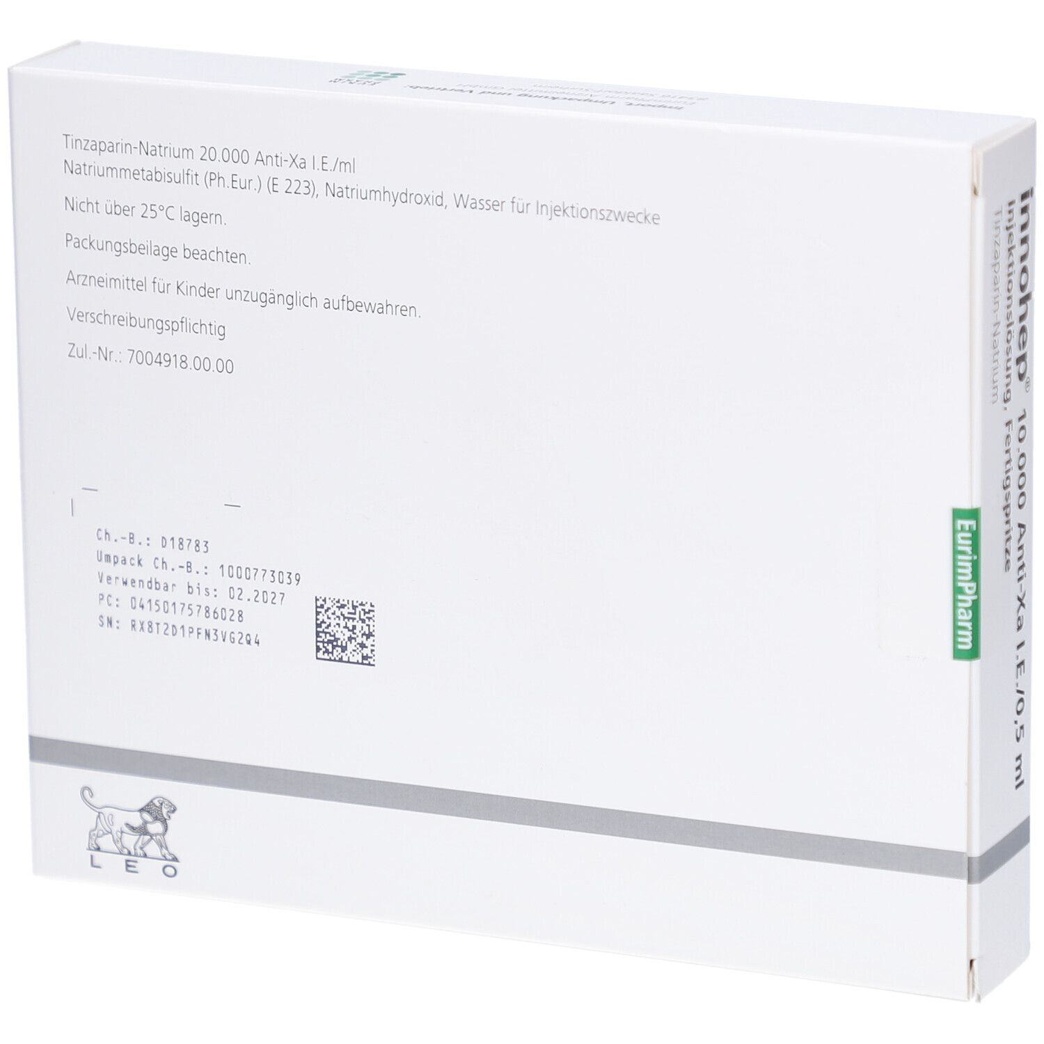 Rückseite der Innohep 10.000 Anti-Xa I.E./0,5 ml Schachtel. Text und QR-Code. Herstellerinformationen.