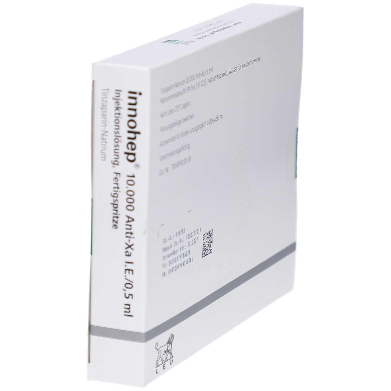 Schachtel Innohep 10.000 Anti-Xa I.E./0,5 ml. Text und Logo. Perspektivische Ansicht.