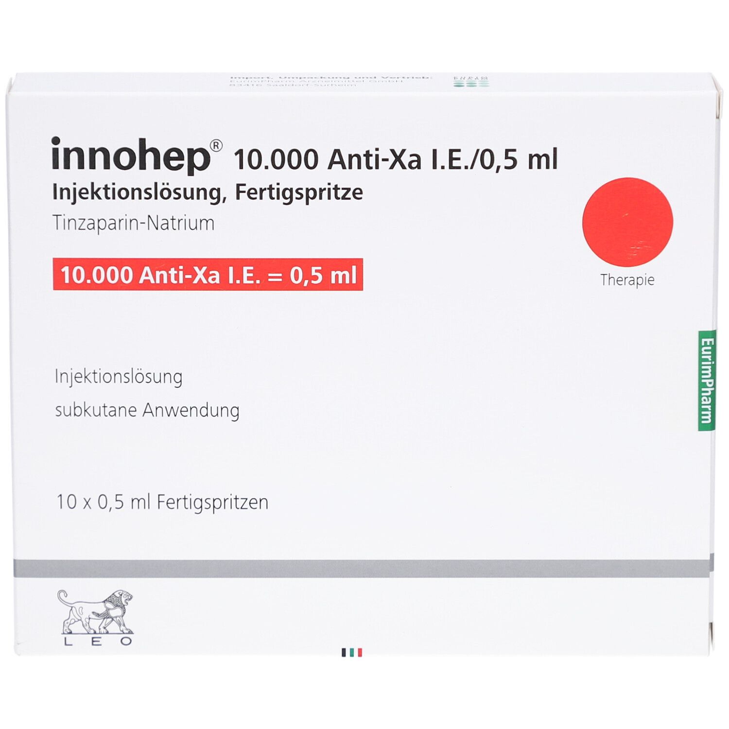 Schachtel mit Innohep 10.000 Anti-Xa I.E./0,5 ml Fertigspritzen. Roter Kreis. Text: 10 x 0,5 ml Fertigspritzen.