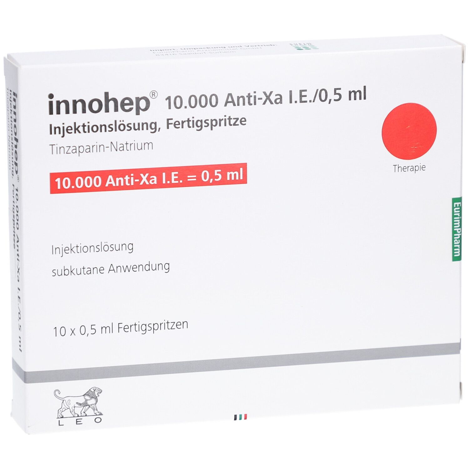 Schachtel mit Innohep 10.000 Anti-Xa I.E./0,5 ml Fertigspritzen. Roter Kreis. Text: 10 x 0,5 ml Fertigspritzen.