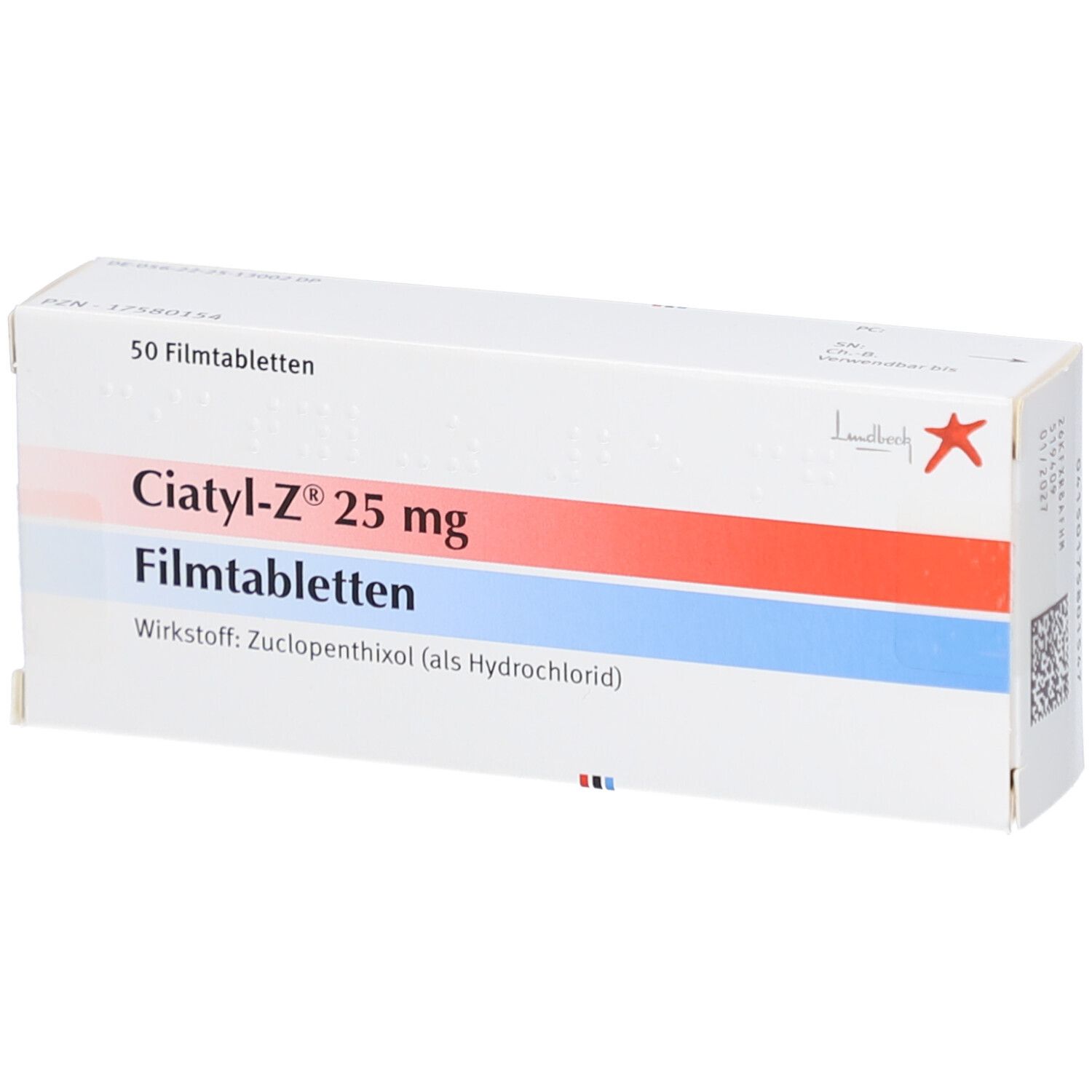 Schachtel mit CIATYL-Z 25 mg Filmtabletten. Rote und blaue Streifen. Aufschrift: 50 Filmtabletten.