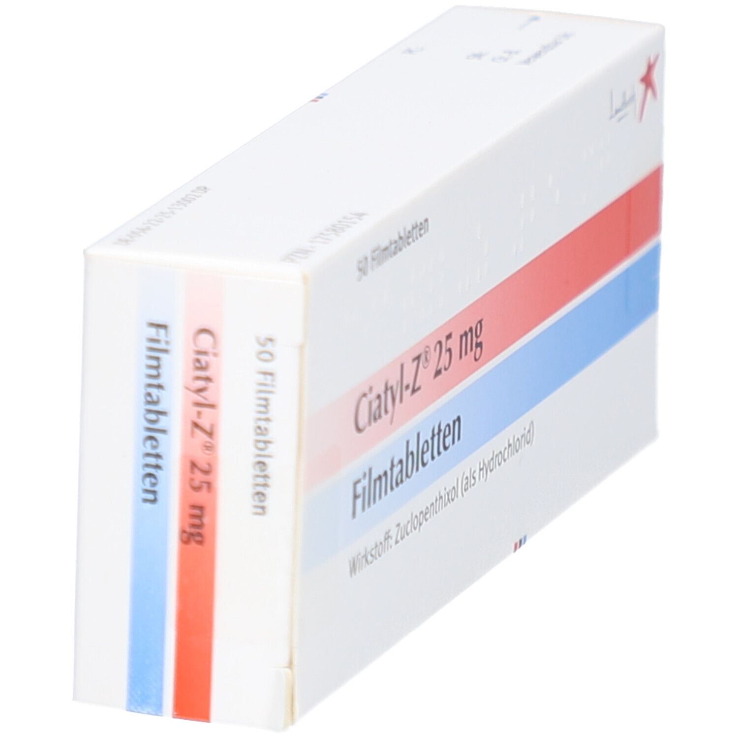 Schachtel CIATYL-Z 25 mg Filmtabletten. Seitenansicht. Rote und blaue Streifen. Aufschrift: 50 Filmtabletten.