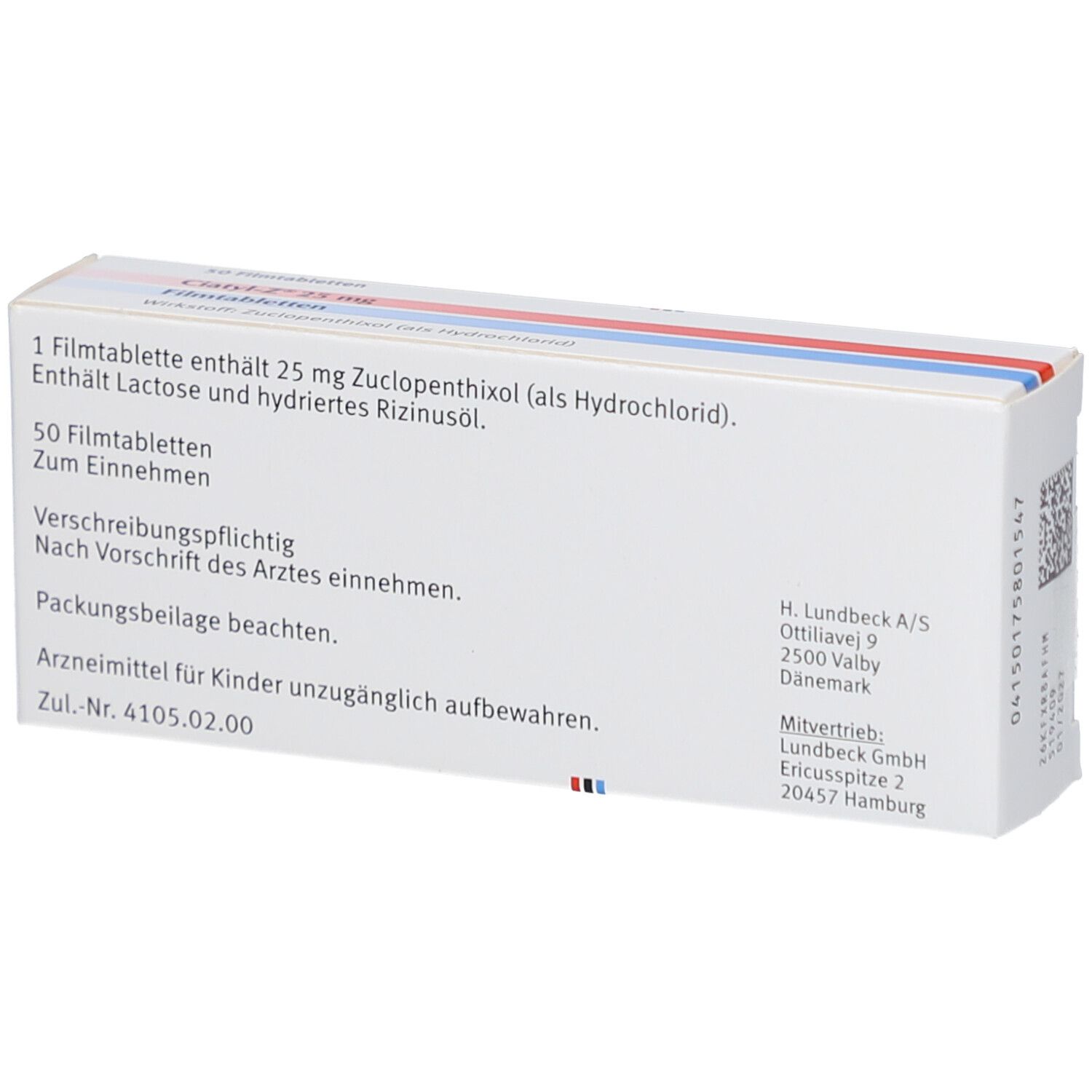Rückseite der Schachtel mit CIATYL-Z 25 mg Filmtabletten. Textinformationen und QR-Code.