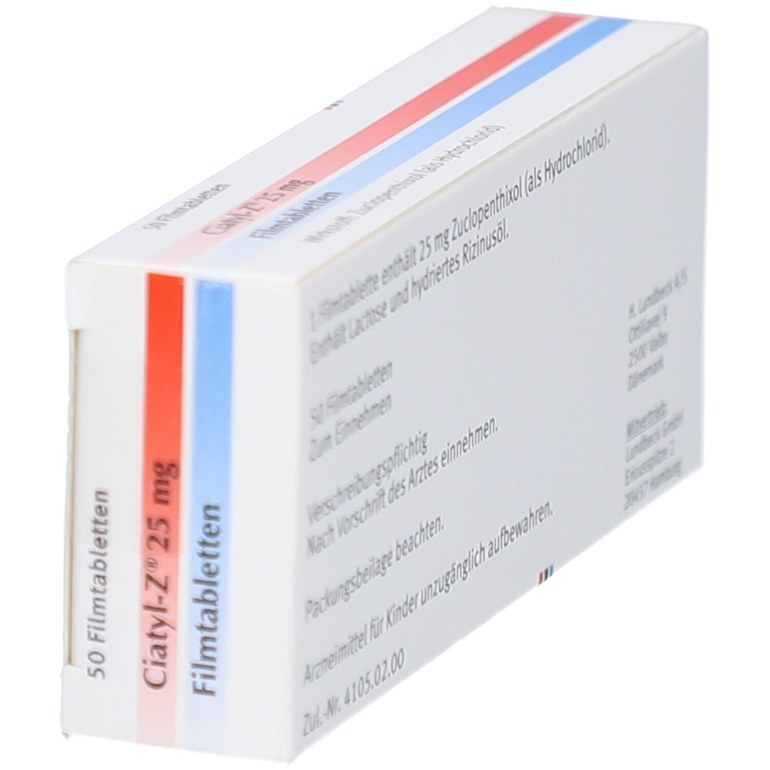 Schachtel CIATYL-Z 25 mg Filmtabletten. Seitenansicht. Textinformationen und QR-Code.