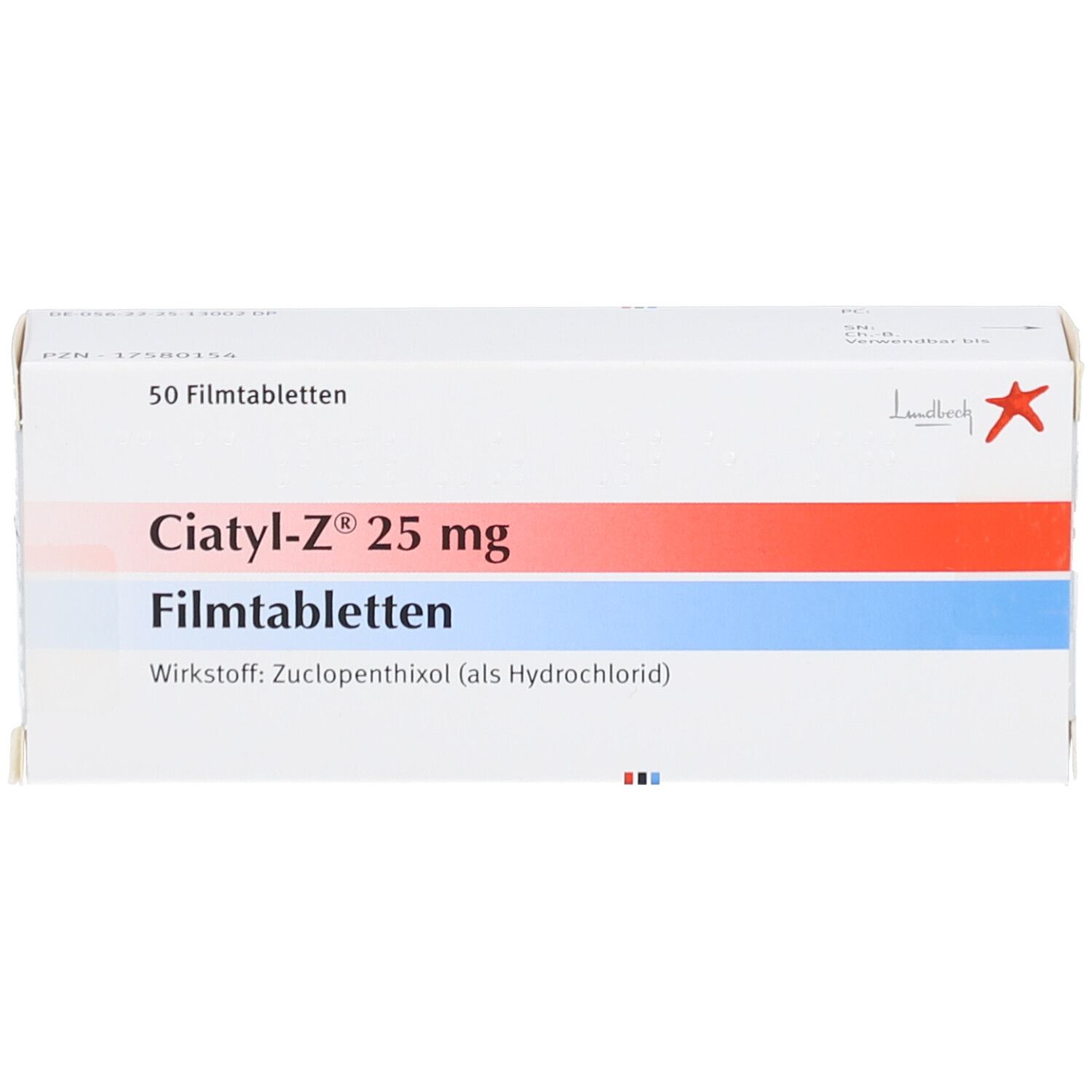Schachtel mit CIATYL-Z 25 mg Filmtabletten. Rote und blaue Streifen. Aufschrift: 50 Filmtabletten.