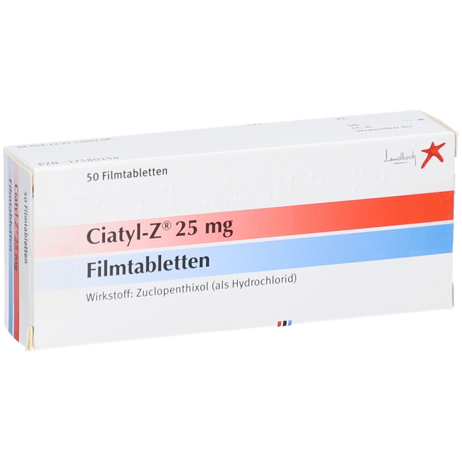 Schachtel mit CIATYL-Z 25 mg Filmtabletten. Rote und blaue Streifen. Aufschrift: 50 Filmtabletten.