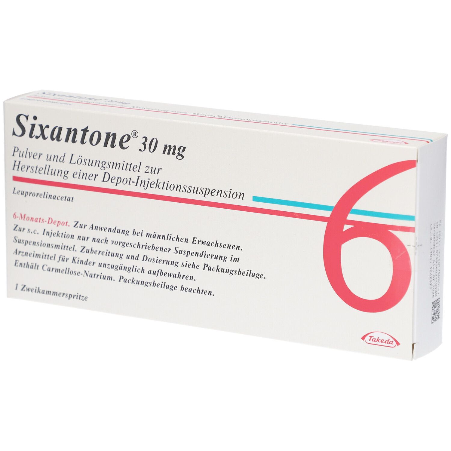 Verpackung von Sixantone 30 mg. Weißer Karton mit roter 6 und Produktinformationen. Enthält eine Zweikammerspritze.