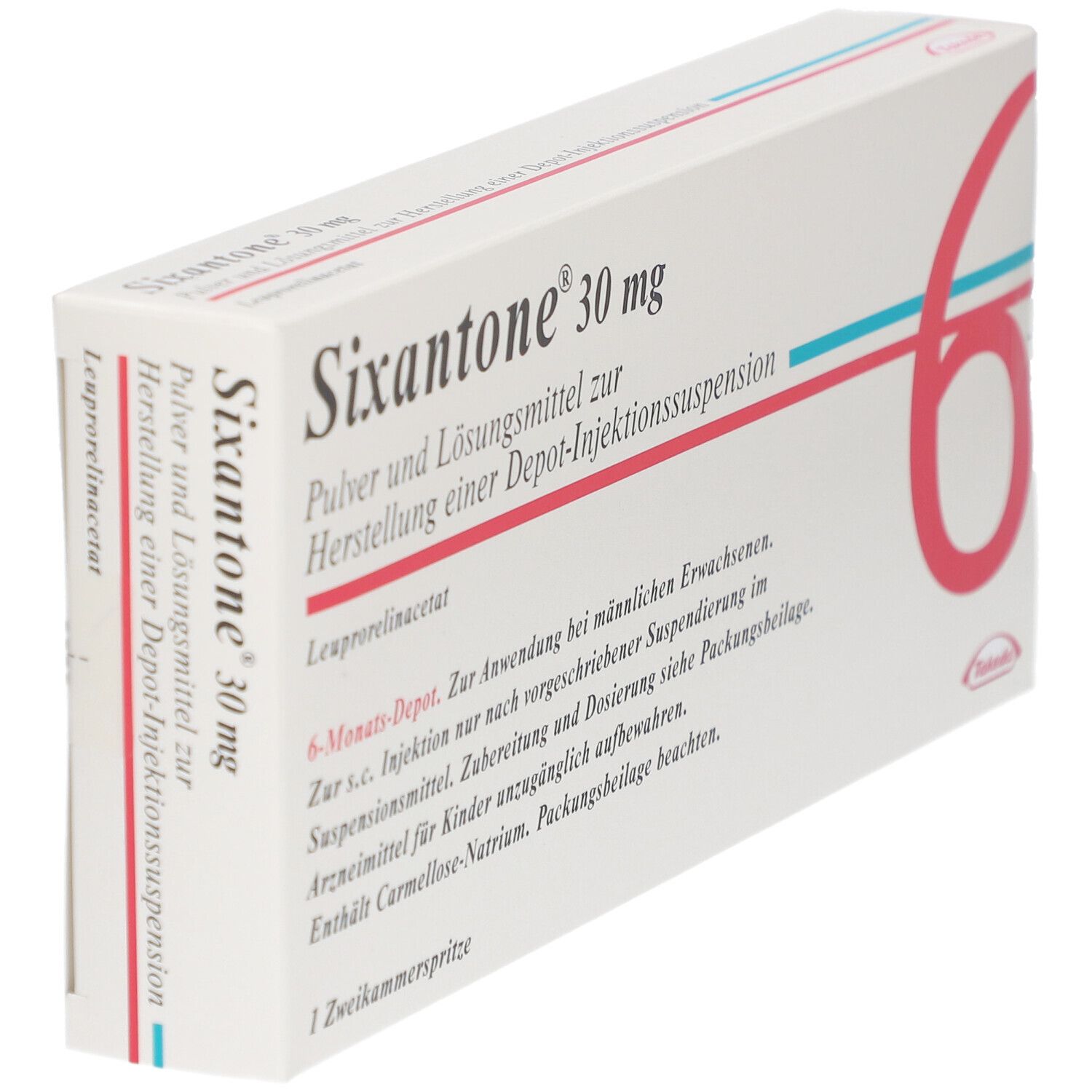Verpackung von Sixantone 30 mg. Weißer Karton mit roter 6 und Produktinformationen. Enthält eine Zweikammerspritze.