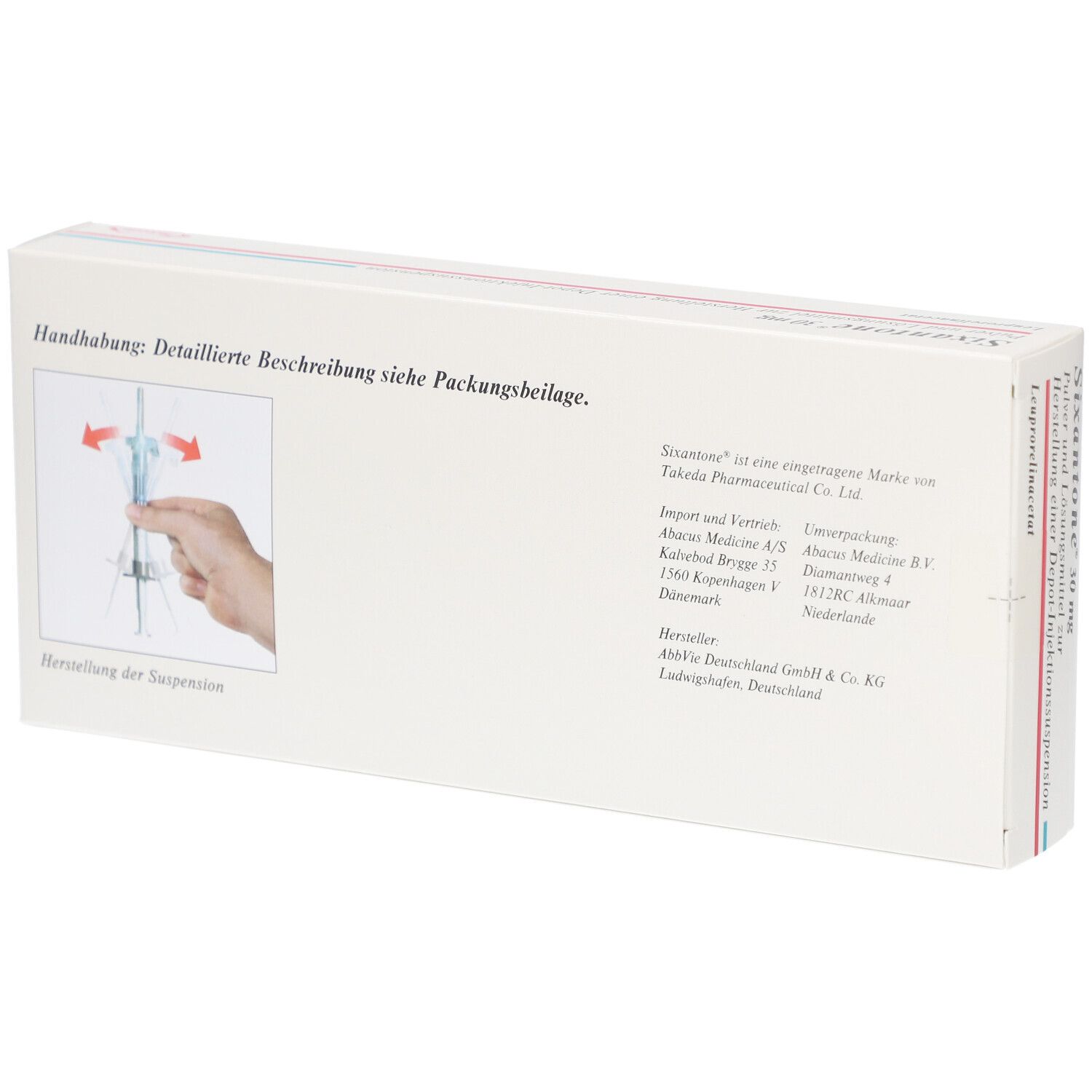Rückseite der Sixantone-Verpackung. Zeigt eine Handhabungsanleitung. Text und Abbildungen zur Zubereitung der Suspension.
