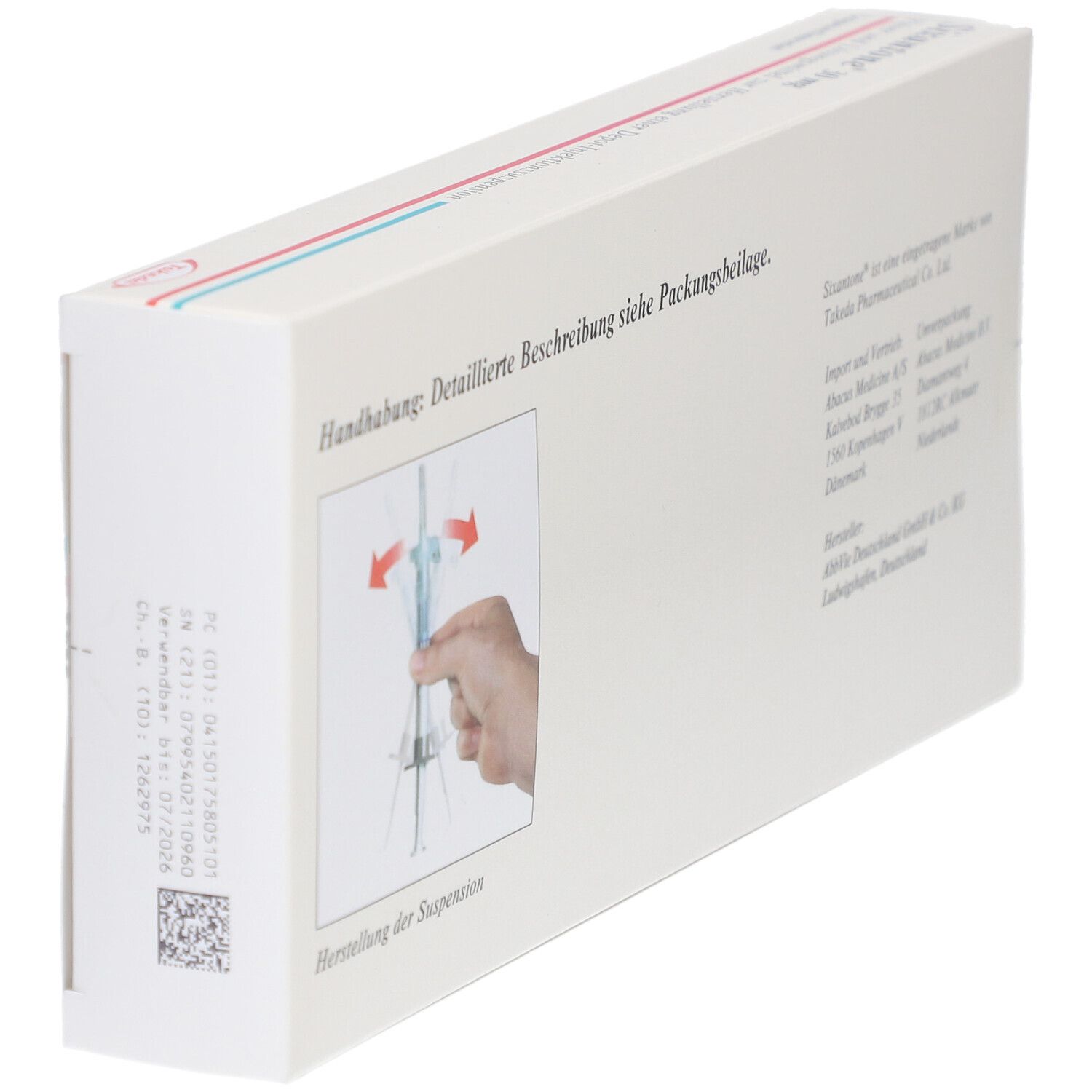 Rückseite der Sixantone-Verpackung. Zeigt eine Handhabungsanleitung. Text und Abbildungen zur Zubereitung der Suspension.