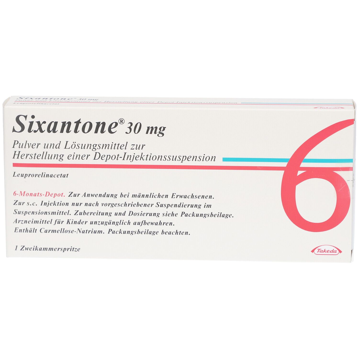 Verpackung von Sixantone 30 mg. Weißer Karton mit roter 6 und Produktinformationen. Enthält eine Zweikammerspritze.