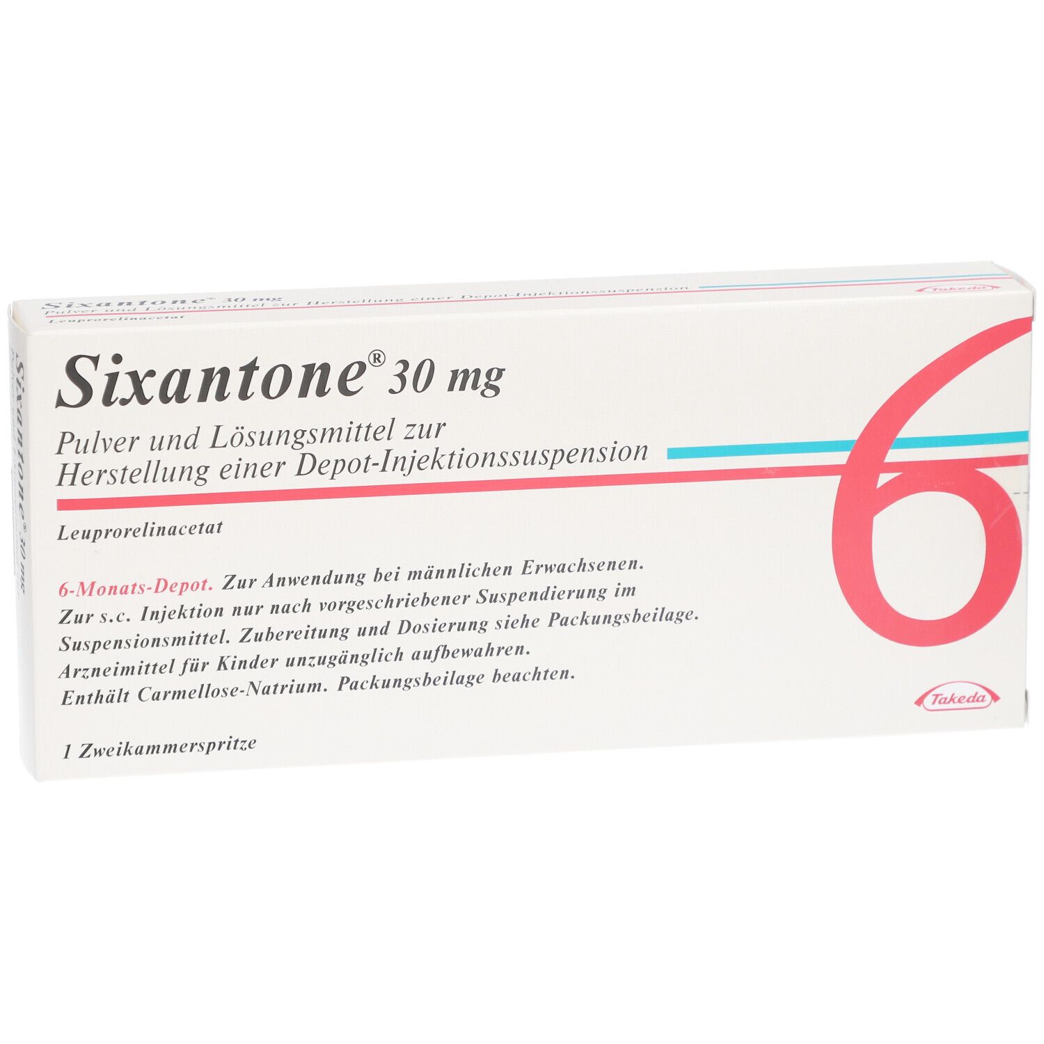 Verpackung von Sixantone 30 mg. Weißer Karton mit roter 6 und Produktinformationen. Enthält eine Zweikammerspritze.