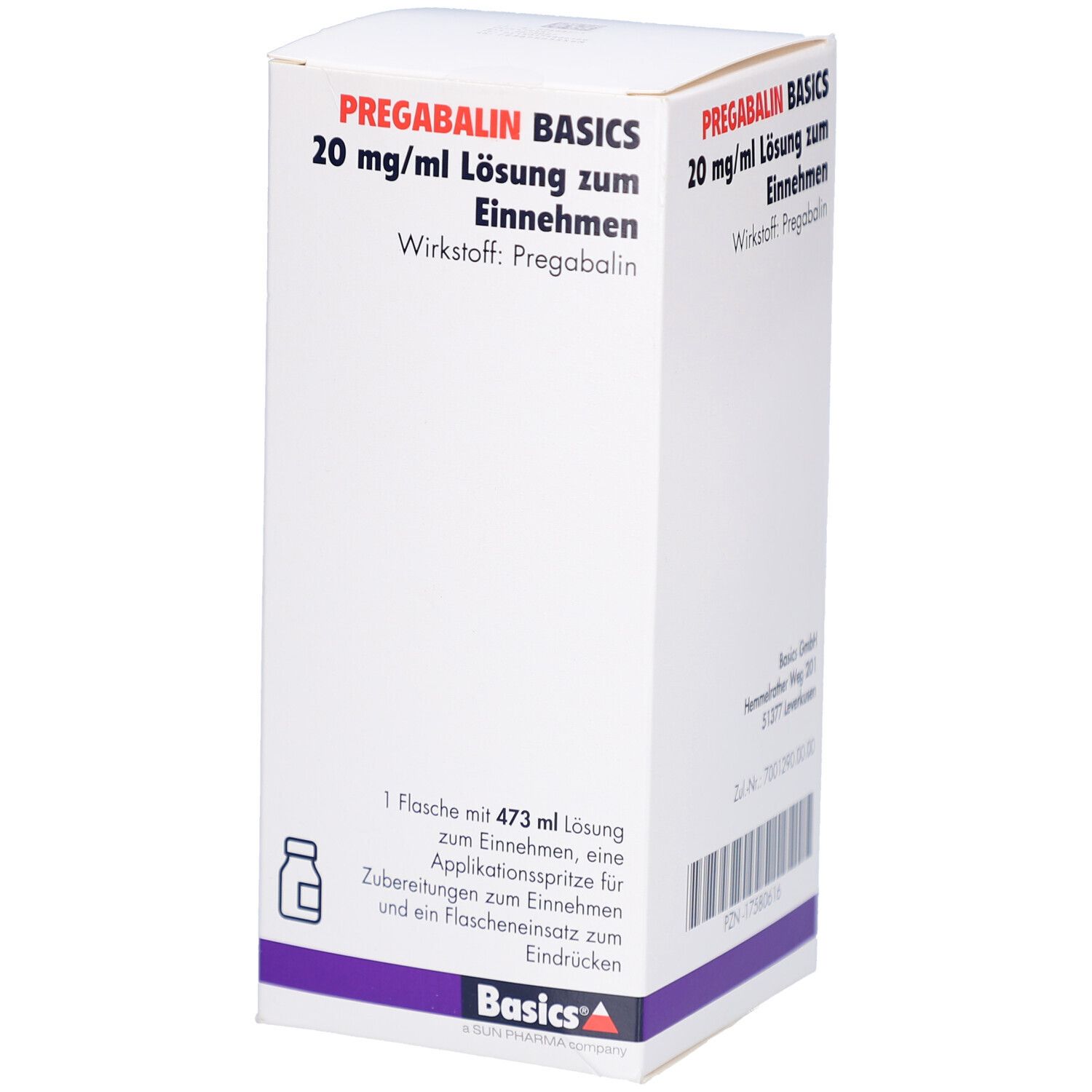 Verpackung von PREGABALIN BASICS 20 mg/ml Lösung zum Einnehmen. Enthält eine Flasche, Applikationsspritze und Flascheneinsatz.