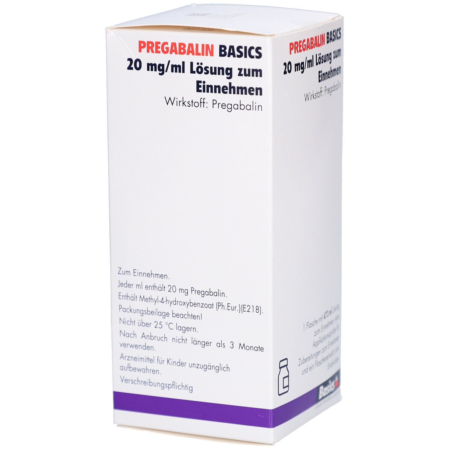 Verpackung von PREGABALIN BASICS 20 mg/ml Lösung zum Einnehmen. Text auf der Verpackung.