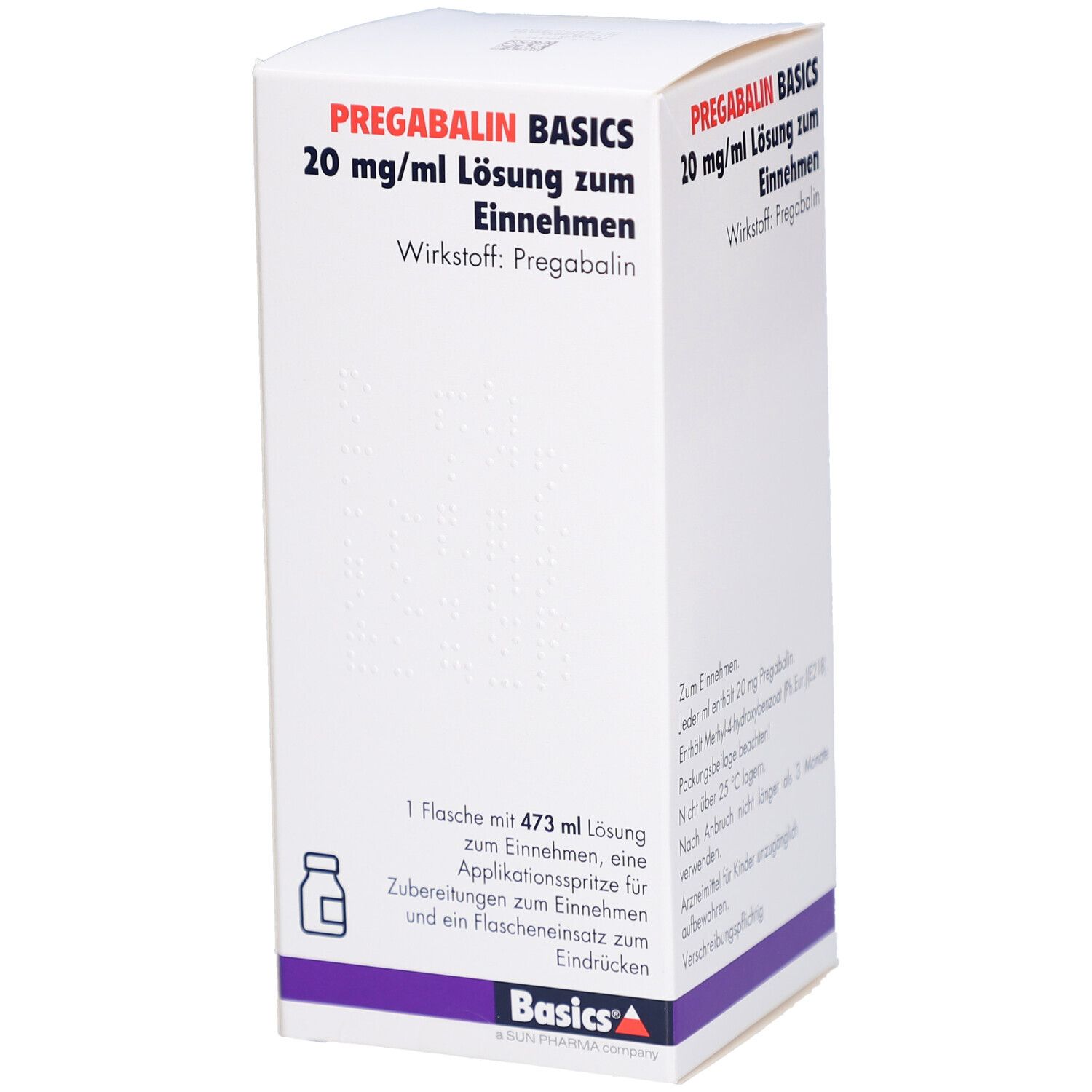 Verpackung von PREGABALIN BASICS 20 mg/ml Lösung zum Einnehmen. Enthält eine Flasche, Applikationsspritze und Flascheneinsatz.